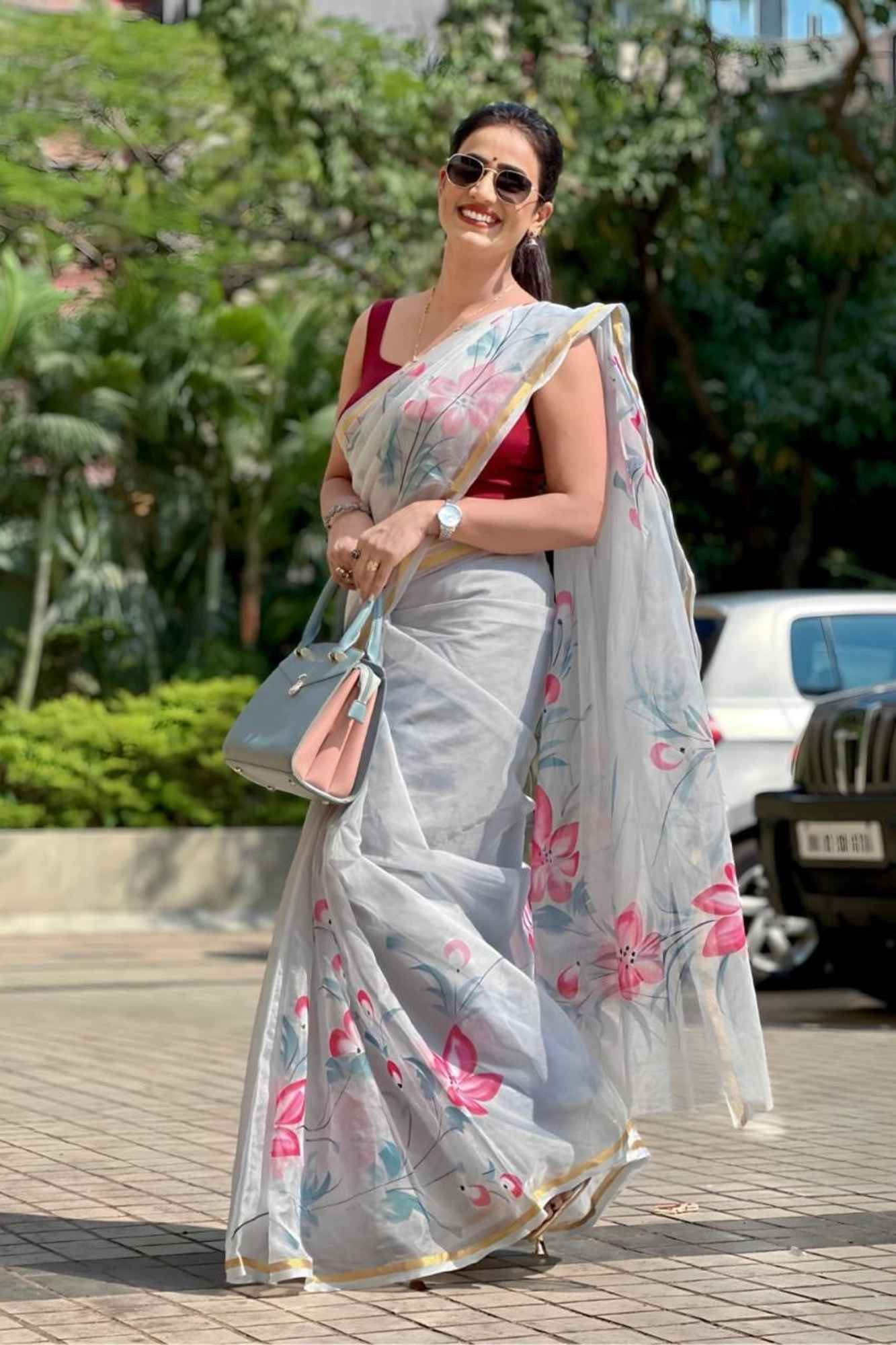 Light Grey Organza with Red Floral Hand-Painting and Golden Border Ready To Wear Saree - Image 10
