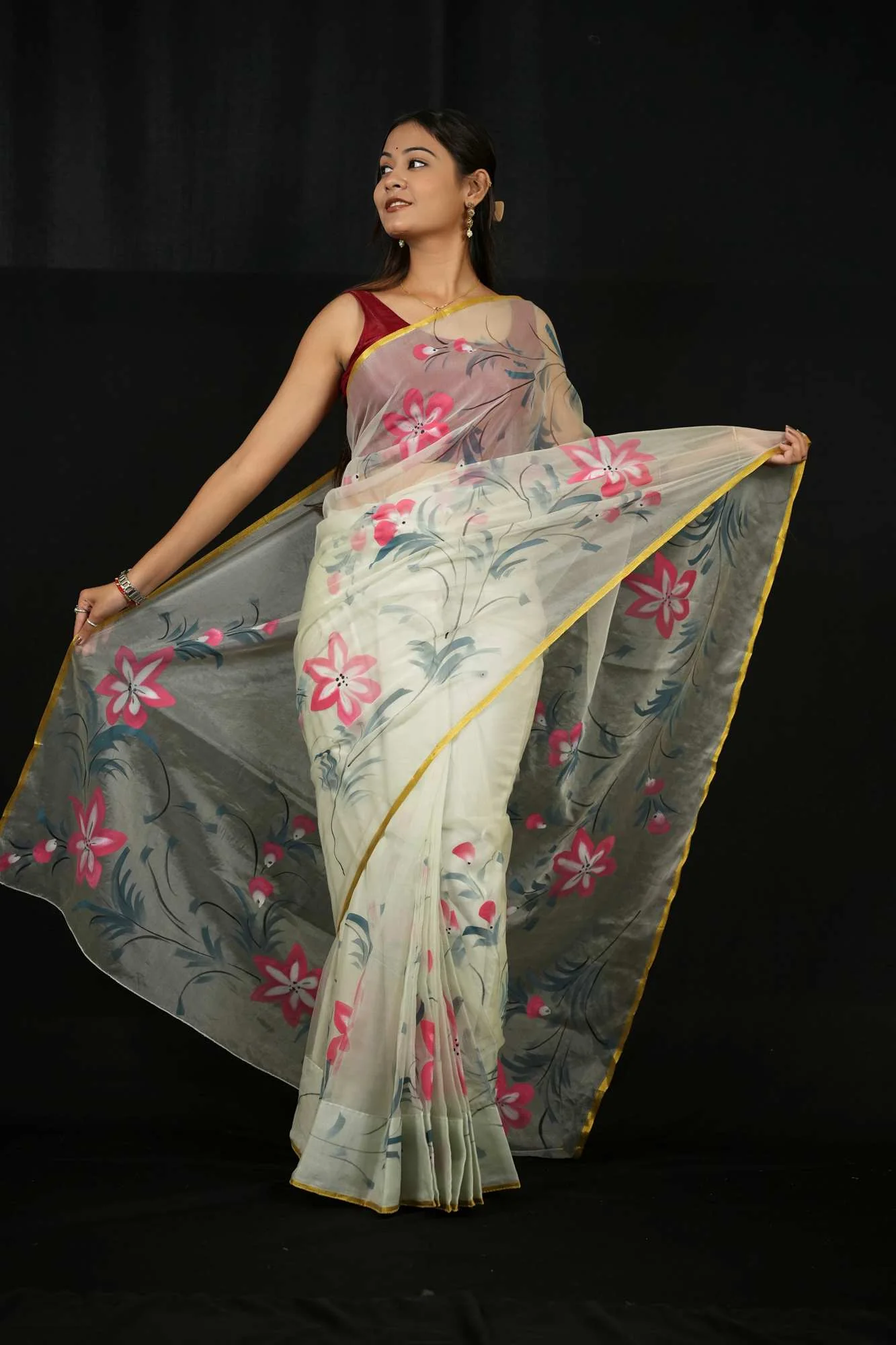 Light Grey Organza with Red Floral Hand-Painting and Golden Border Ready To Wear Saree - Image 2