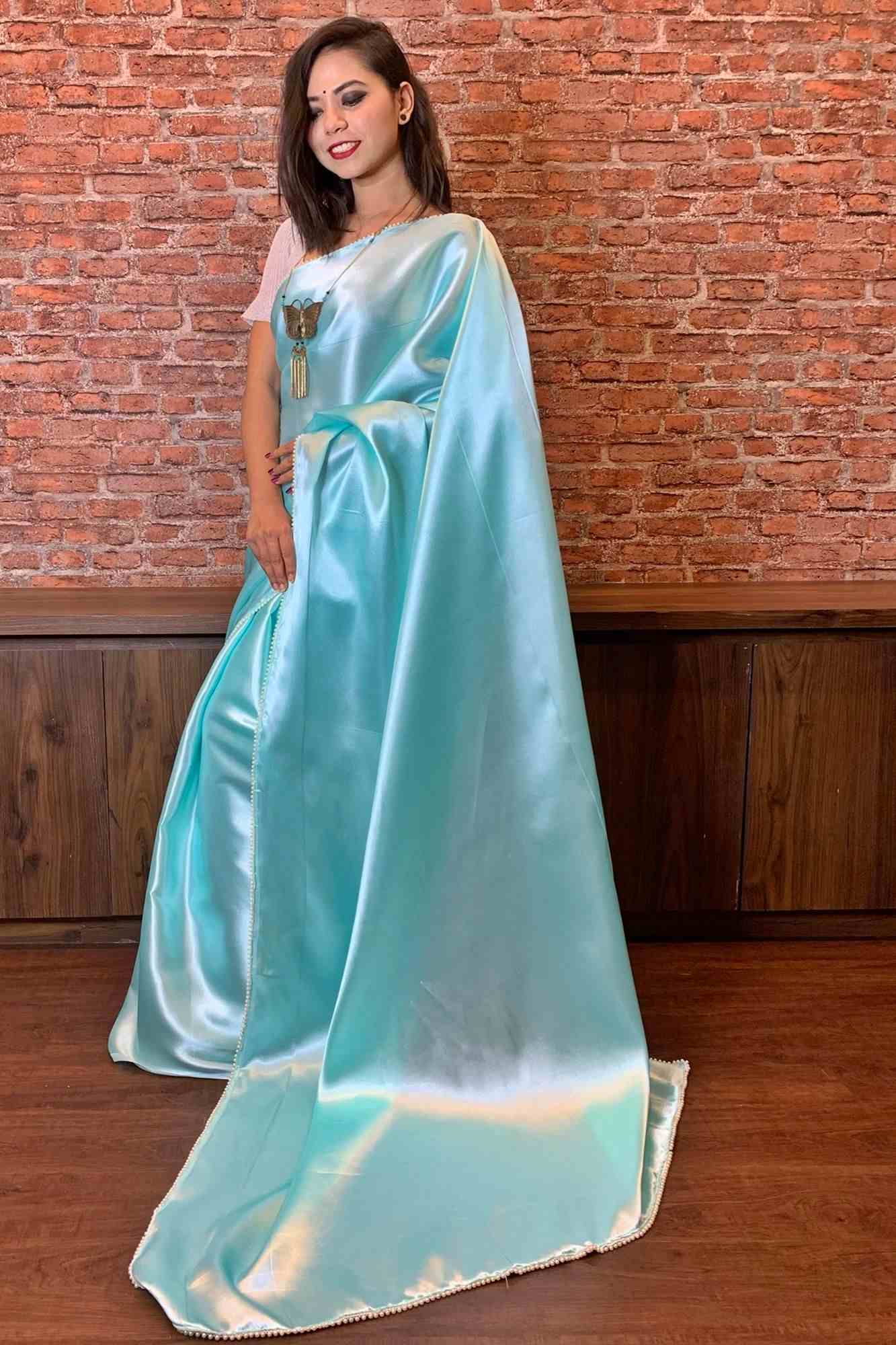 Light mint green satin with moti lace wrap in 1 minute saree - Image 3