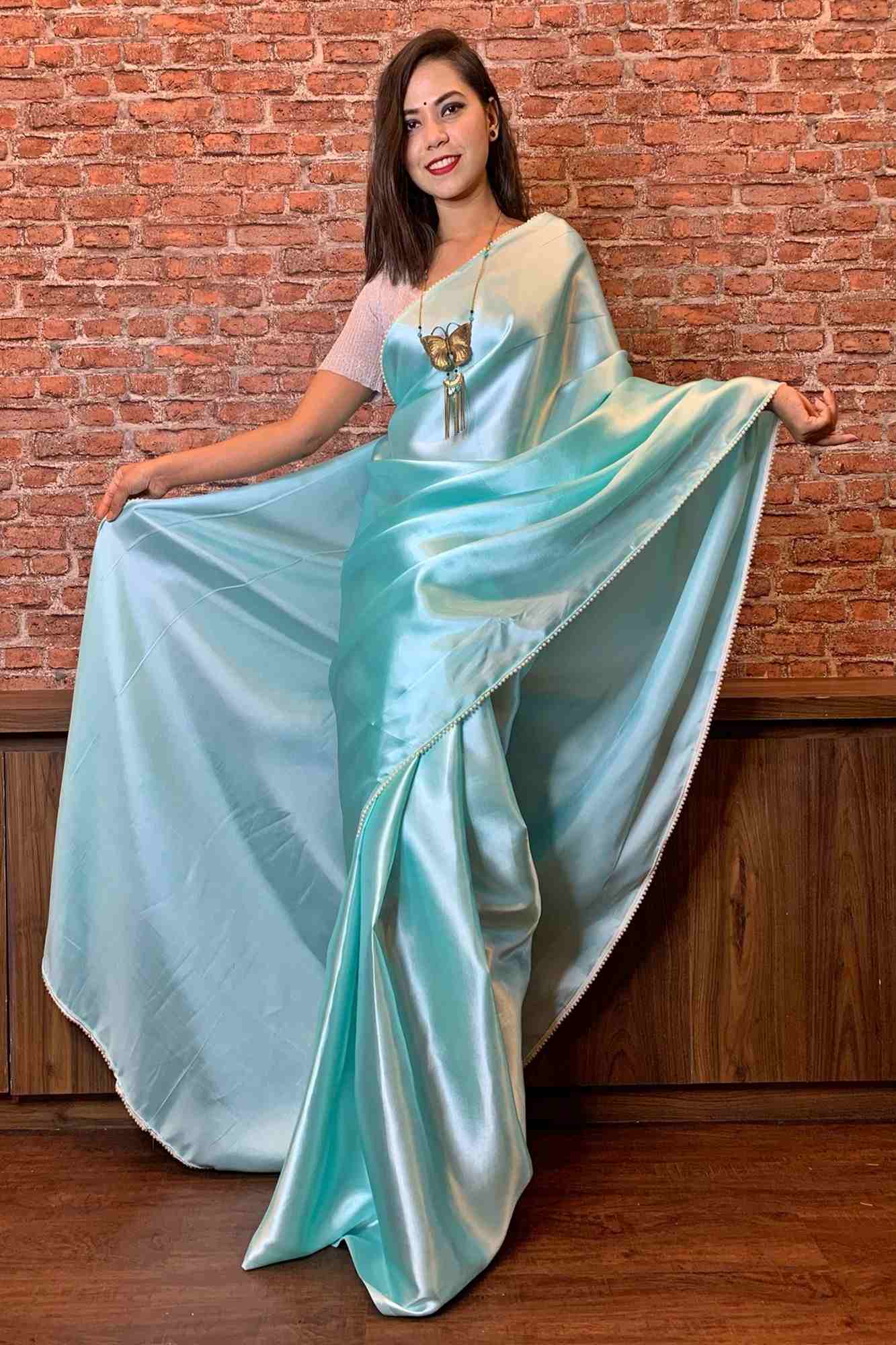 Light mint green satin with moti lace wrap in 1 minute saree - Image 4
