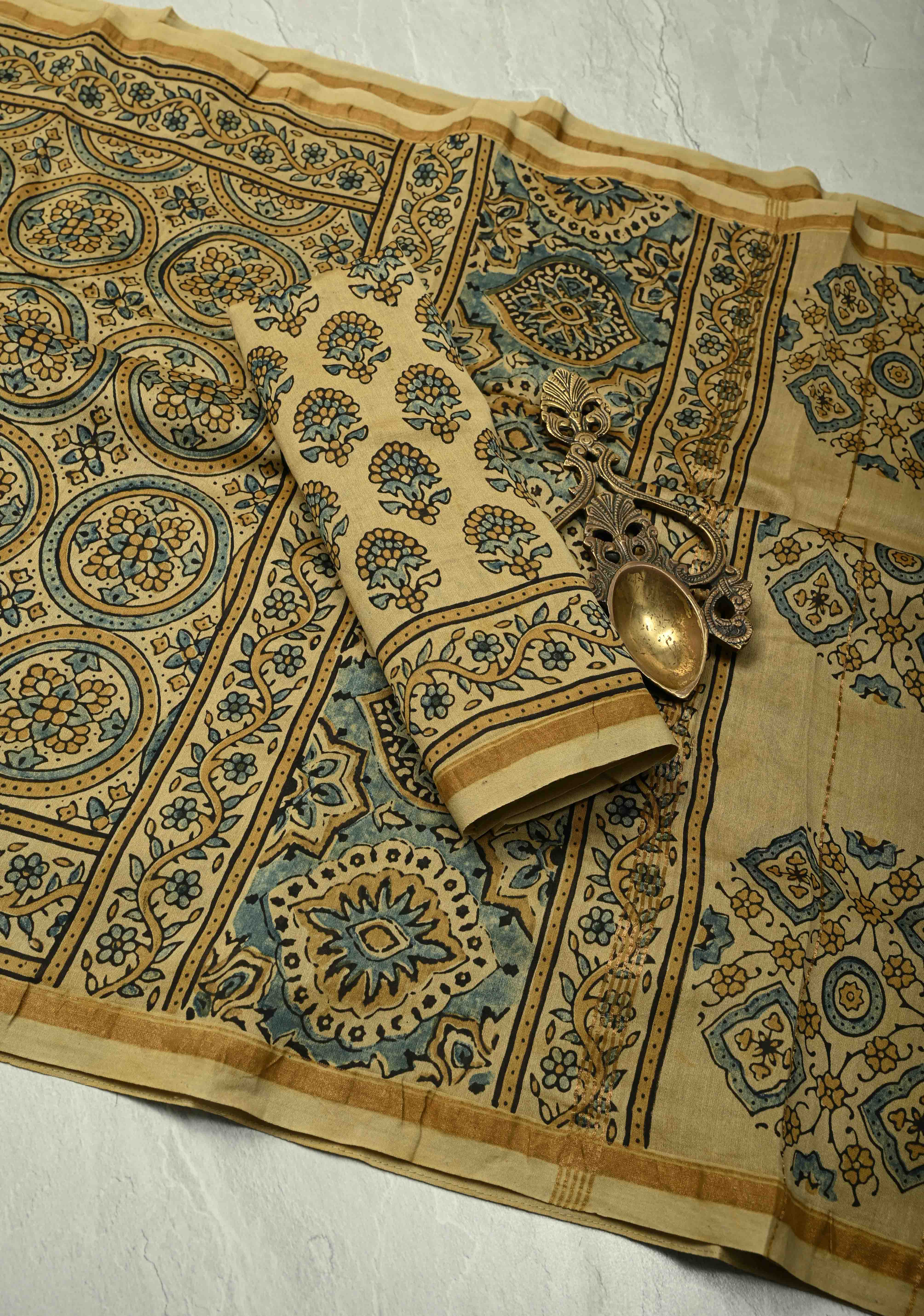 Khaki Chanderi Silk Cotton Saree with Ajrakh Hand Block Print and Minimal Zari Borders | Shobitam - Image 2