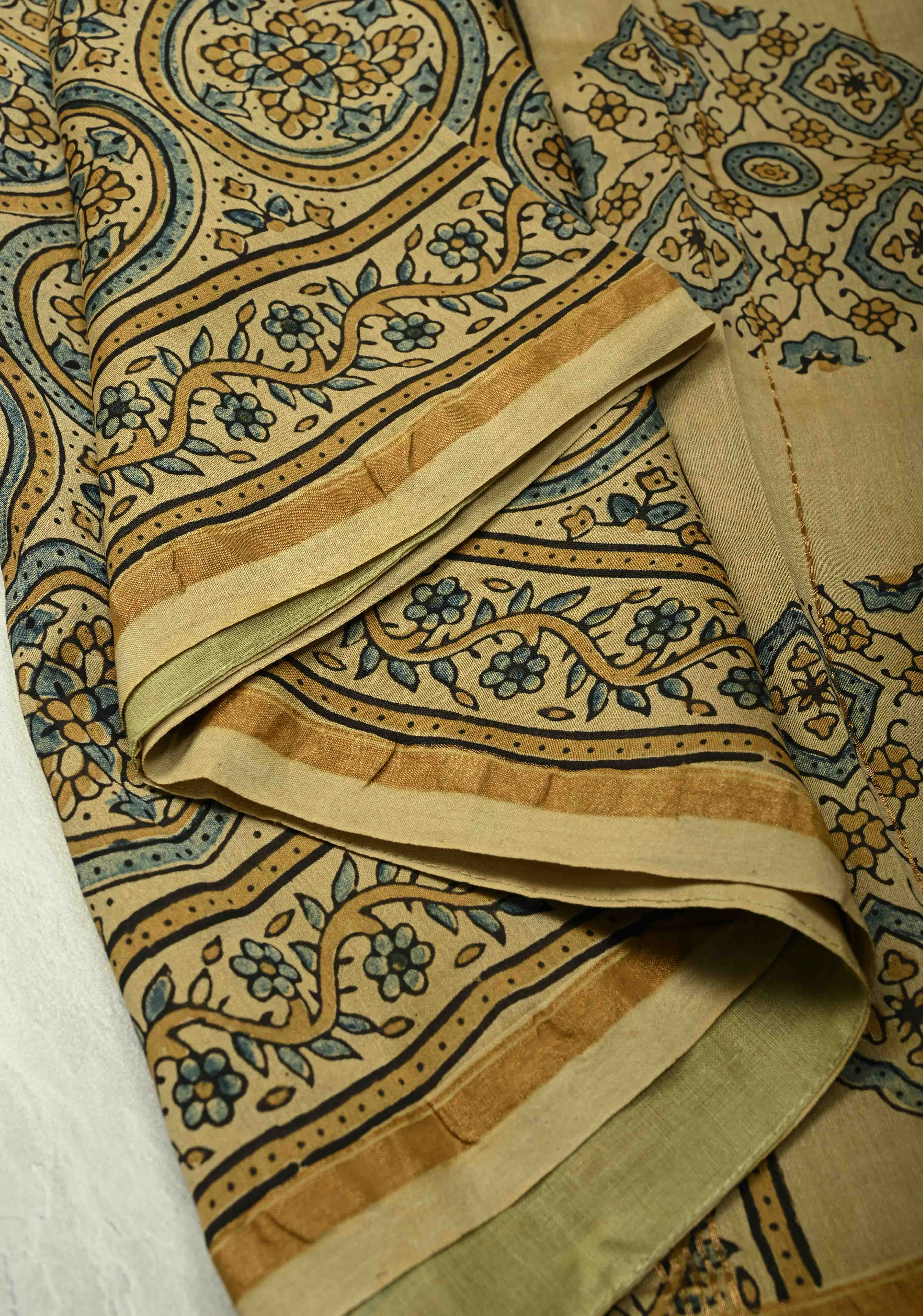 Khaki Chanderi Silk Cotton Saree with Ajrakh Hand Block Print and Minimal Zari Borders | Shobitam - Image 5