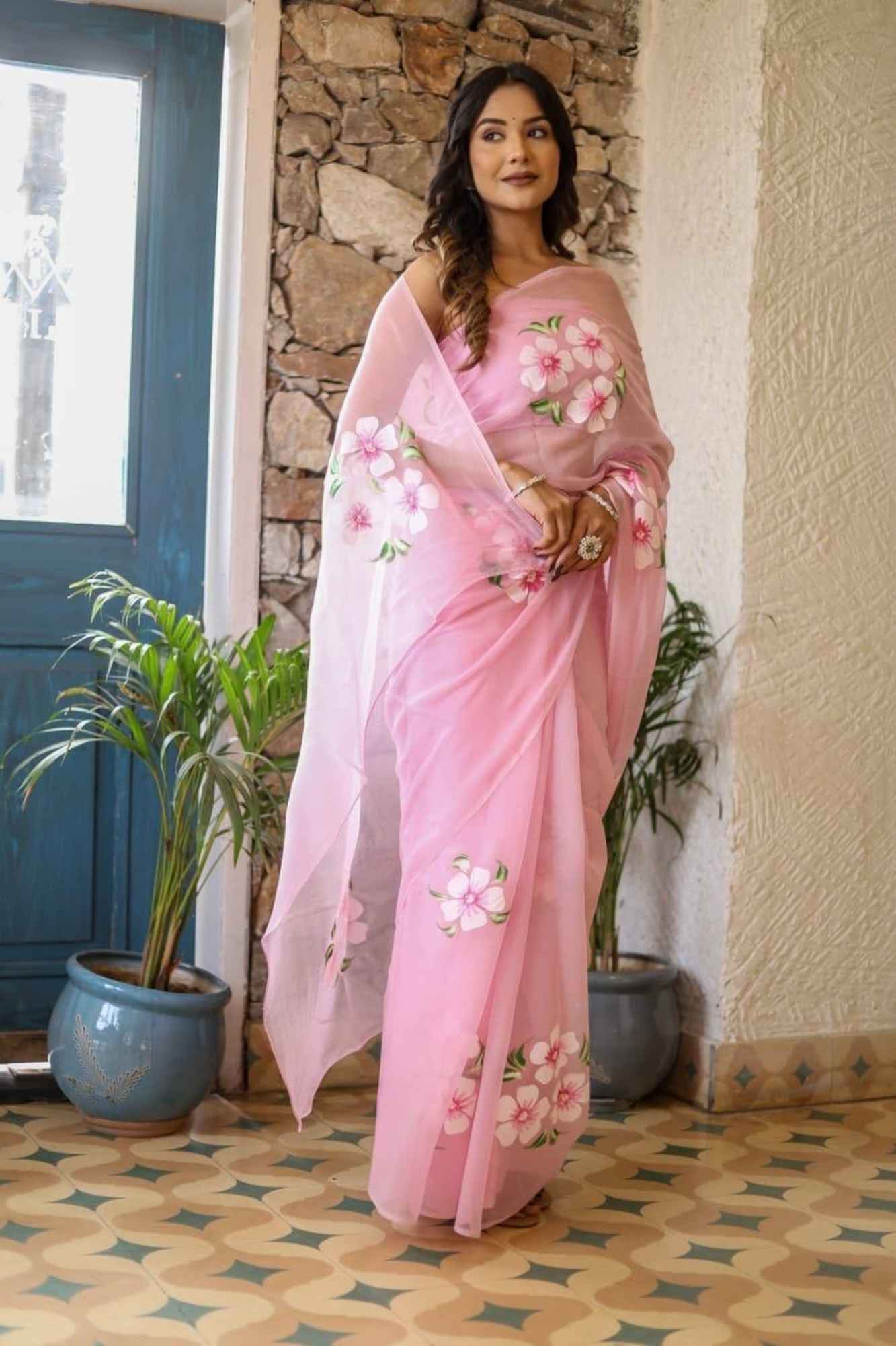 Light Pink Hand-Painted with Delicate Floral Motifs Ready To Wear Saree - Image 8