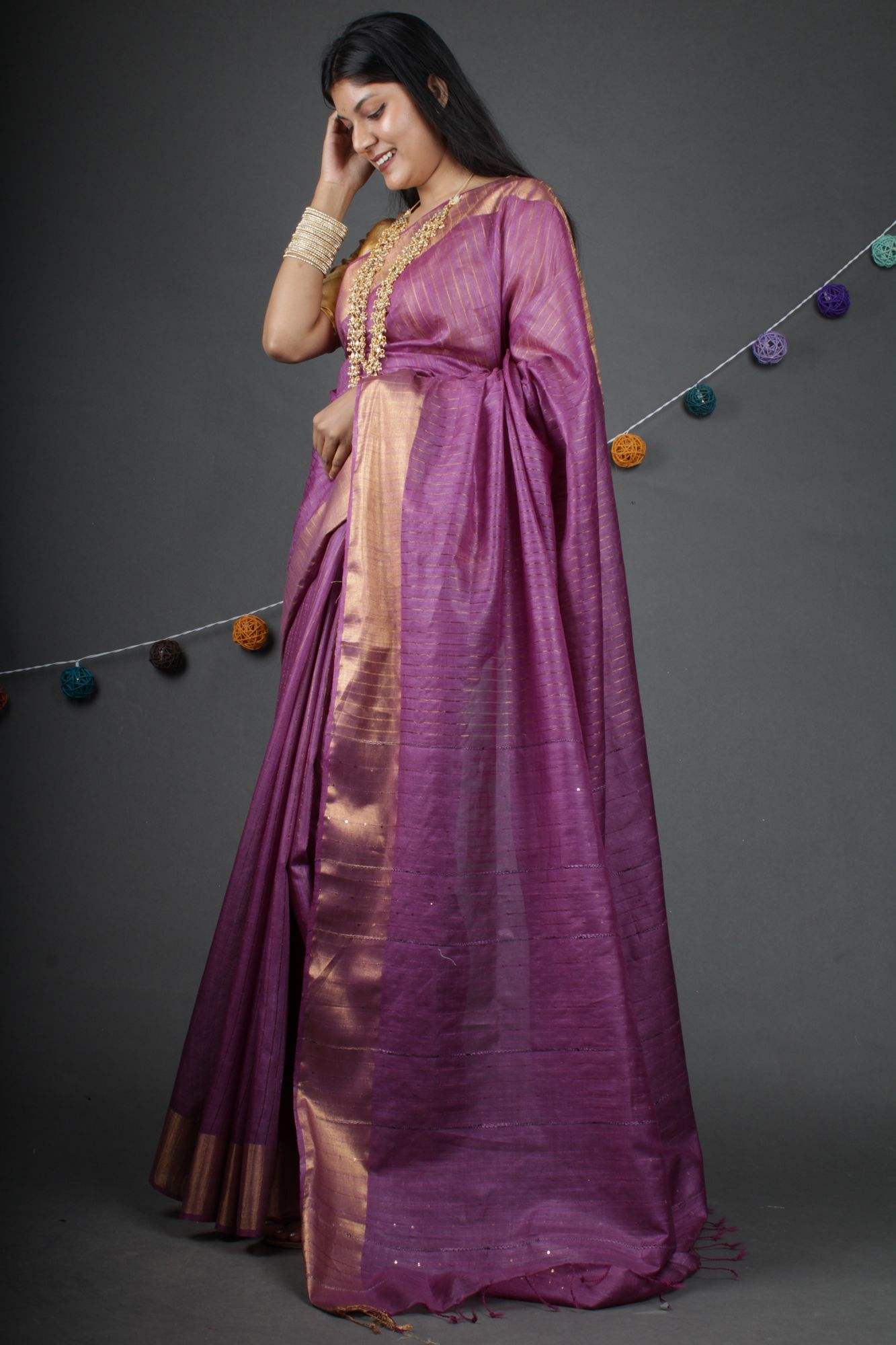 Light purplish pink bhagalpuri cotton silk Woven with sequins all over Pallu evening wear Wrap in 1 minute saree - Image 3