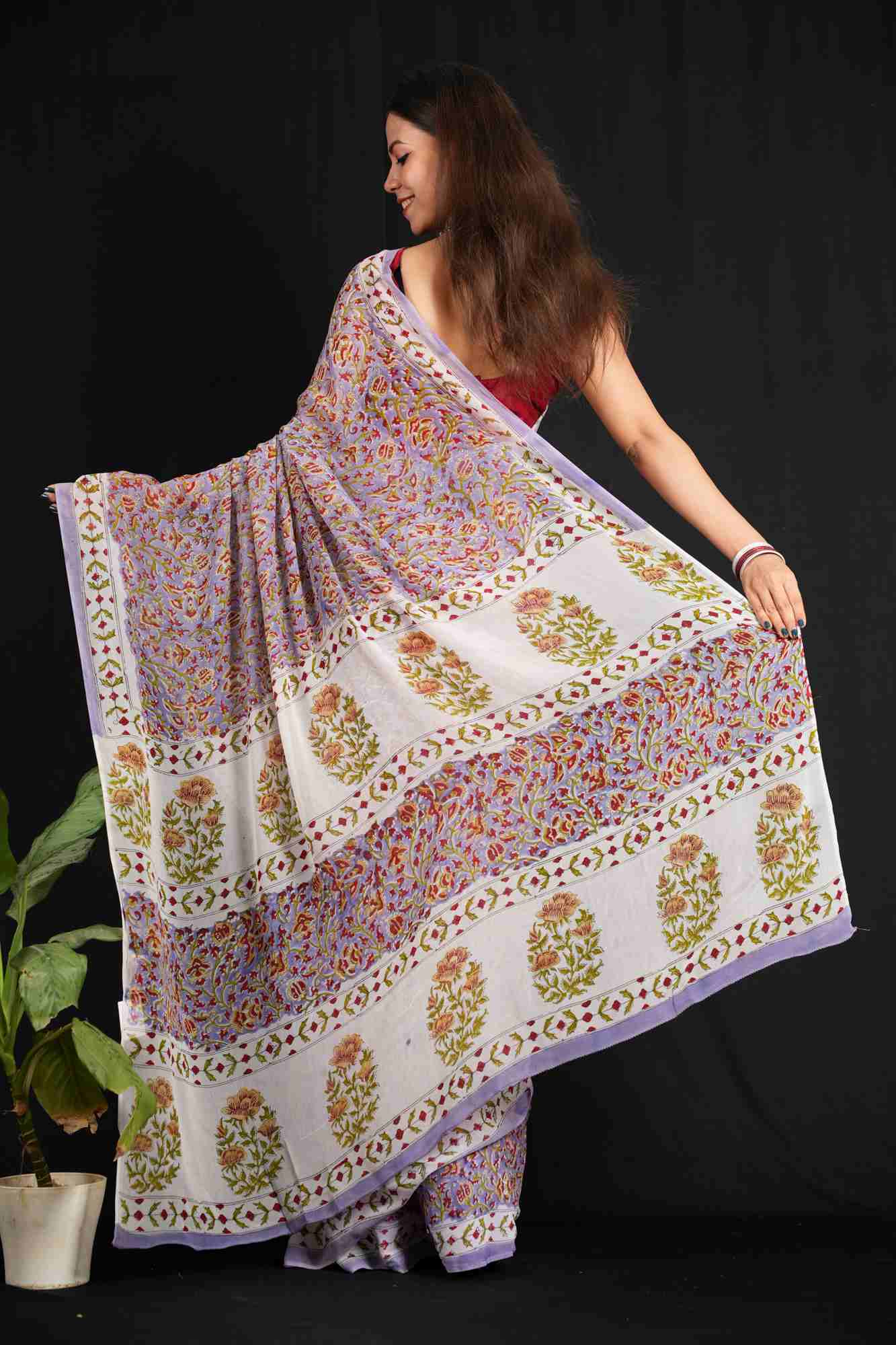 Lilac Pure Georgette Pre-stitched Saree with Sanganeri Hand Block Print Ready To Wear Saree - Image 5