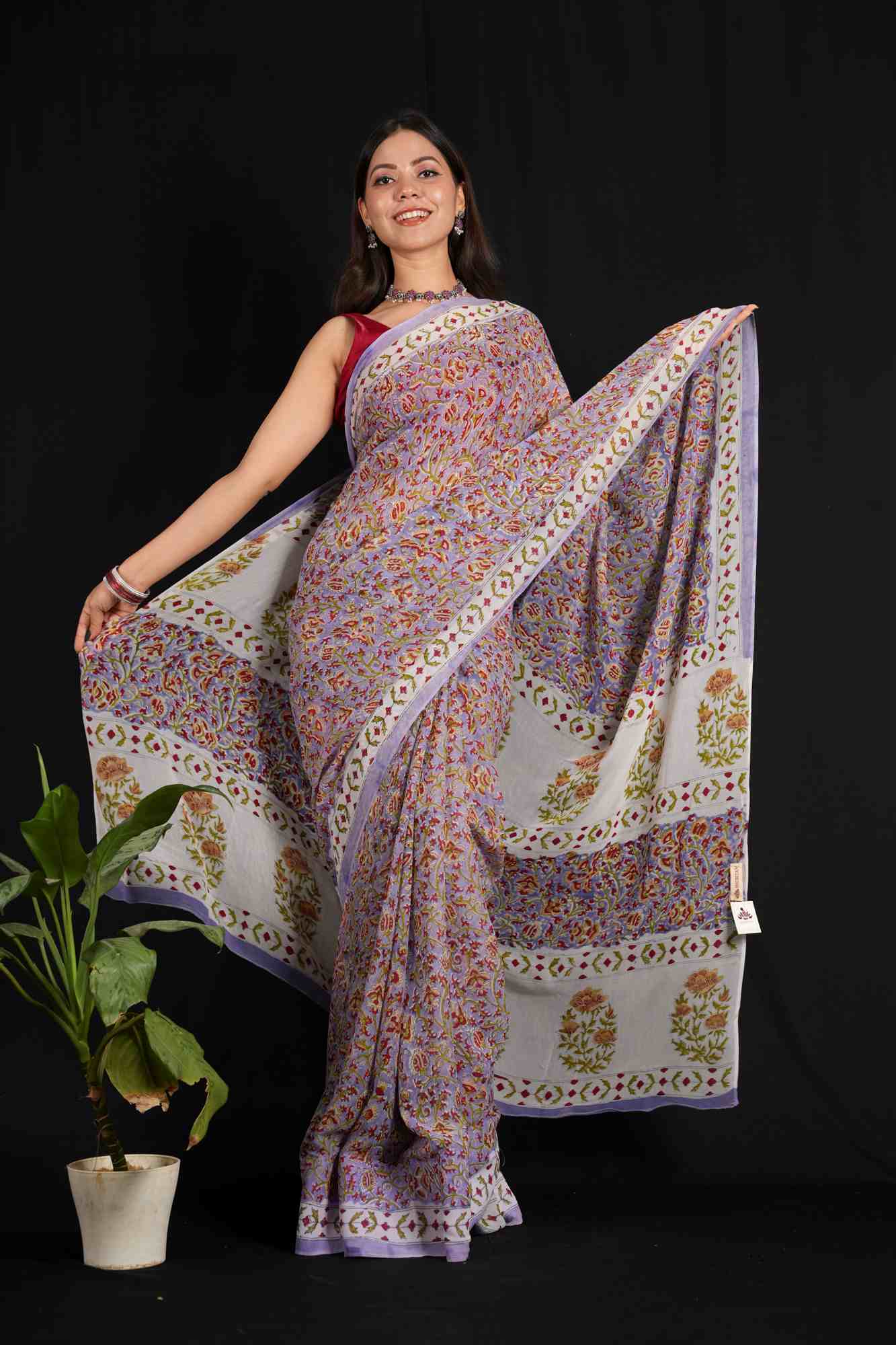 Lilac Pure Georgette Pre-stitched Saree with Sanganeri Hand Block Print Ready To Wear Saree - Image 6