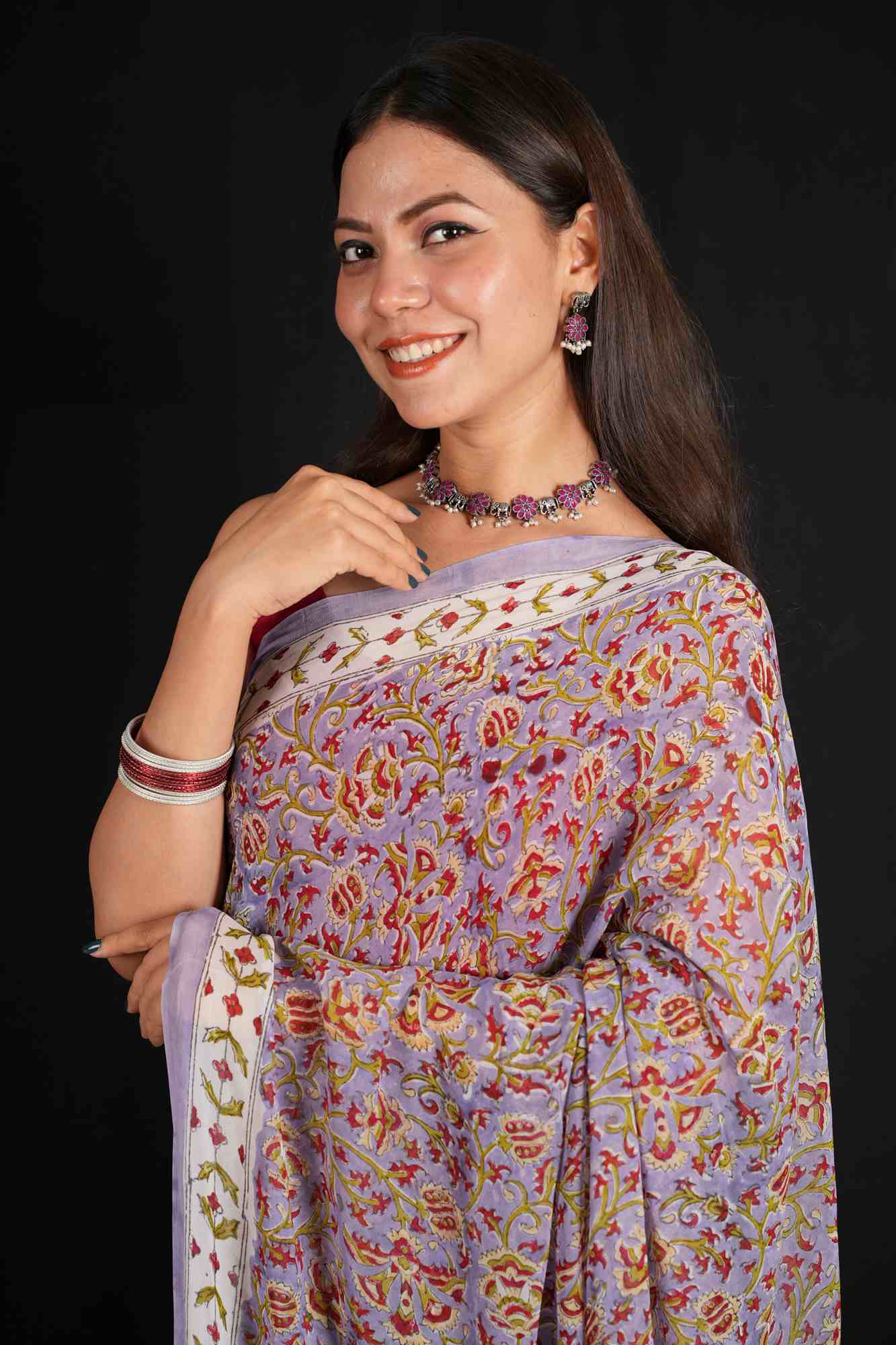 Lilac Pure Georgette Pre-stitched Saree with Sanganeri Hand Block Print Ready To Wear Saree - Image 9