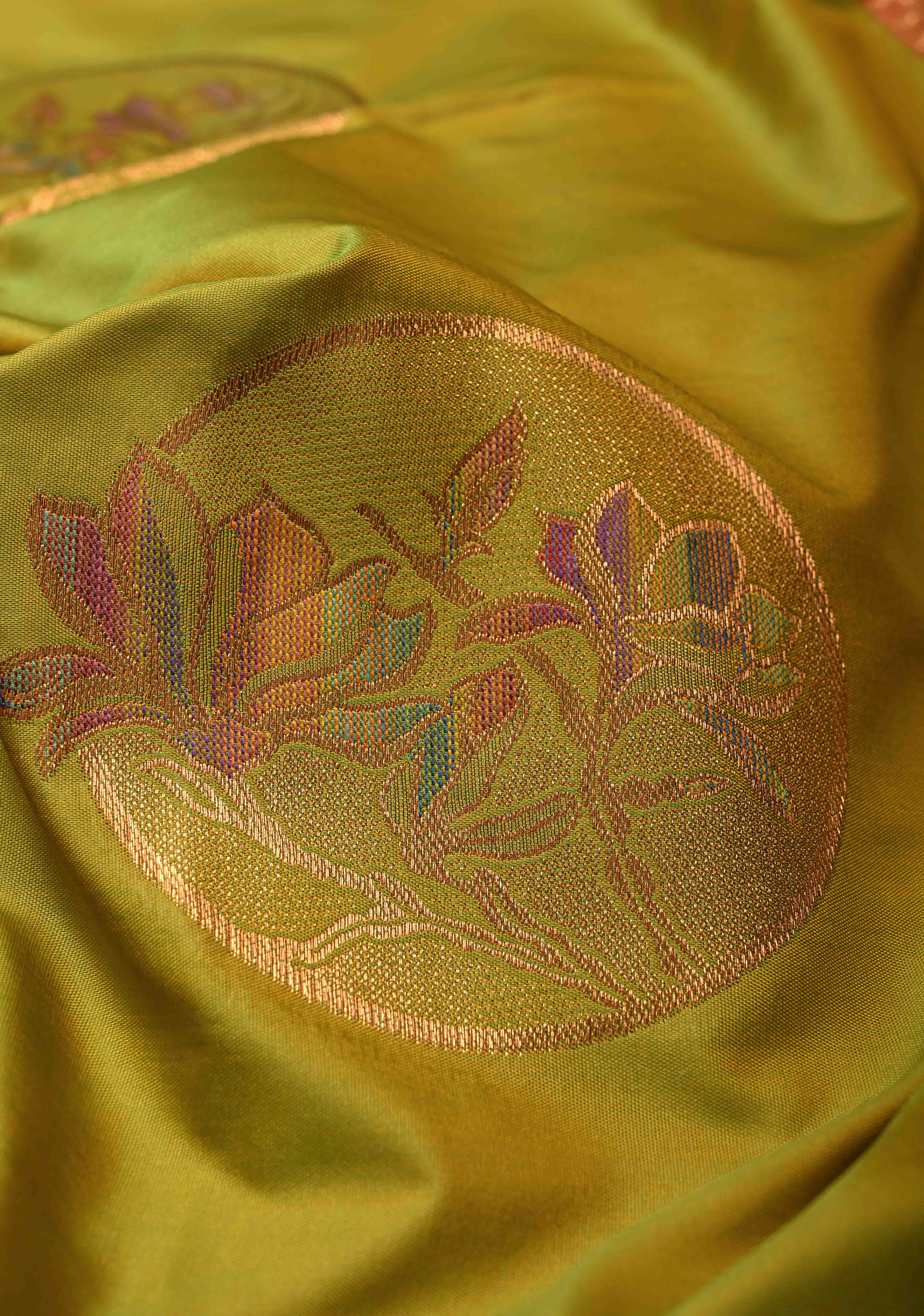 Lime Green Dual tone Kanchi Semi Silk Saree with Meenakari Mandala Buttas and Contrast Zari Border | Shobitam - Image 3