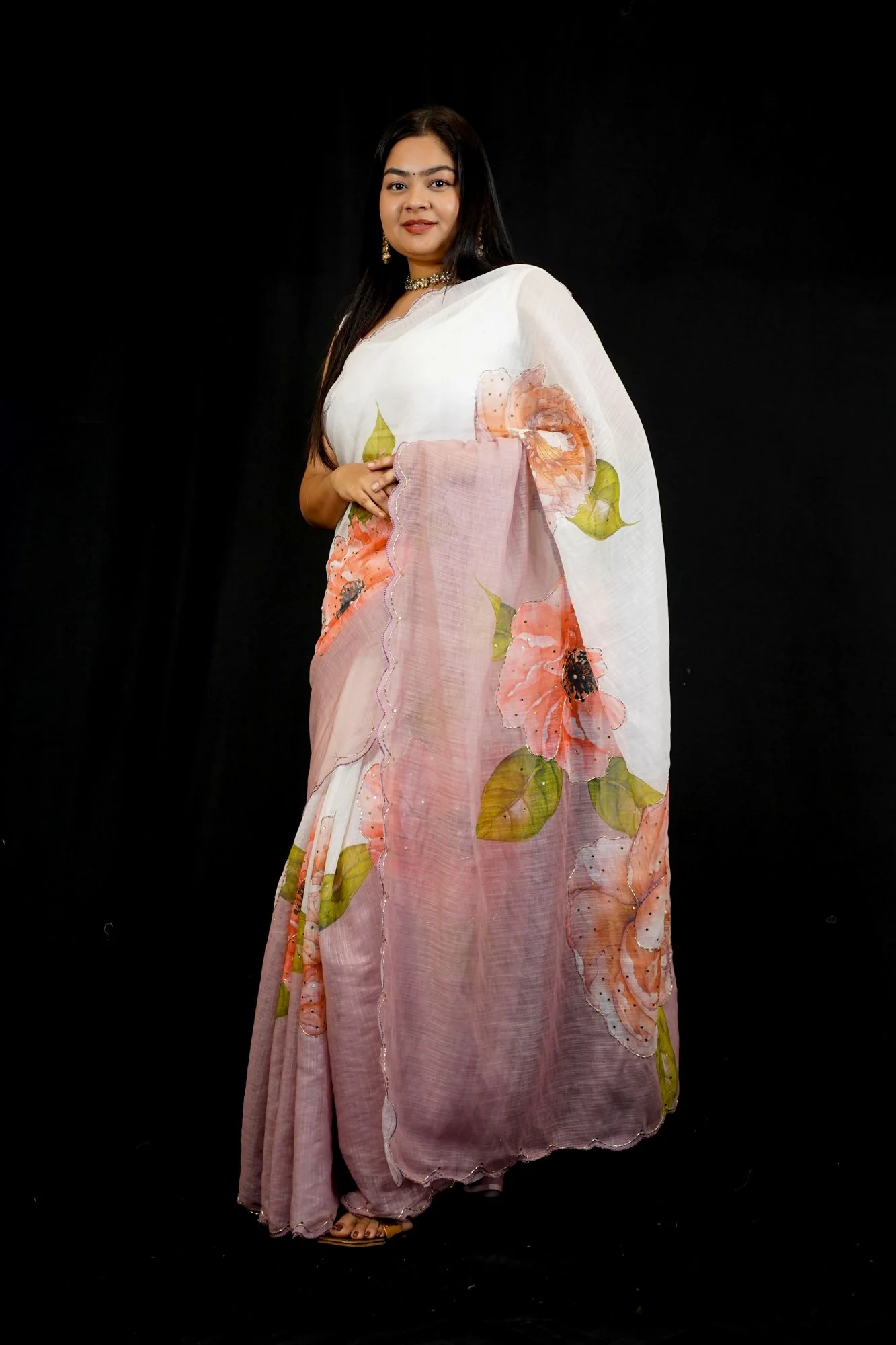 Fresh Florals, Featherlight Comfort — Pre-Stitched Saree with Hand-Cut Dana Highlights - Image 2