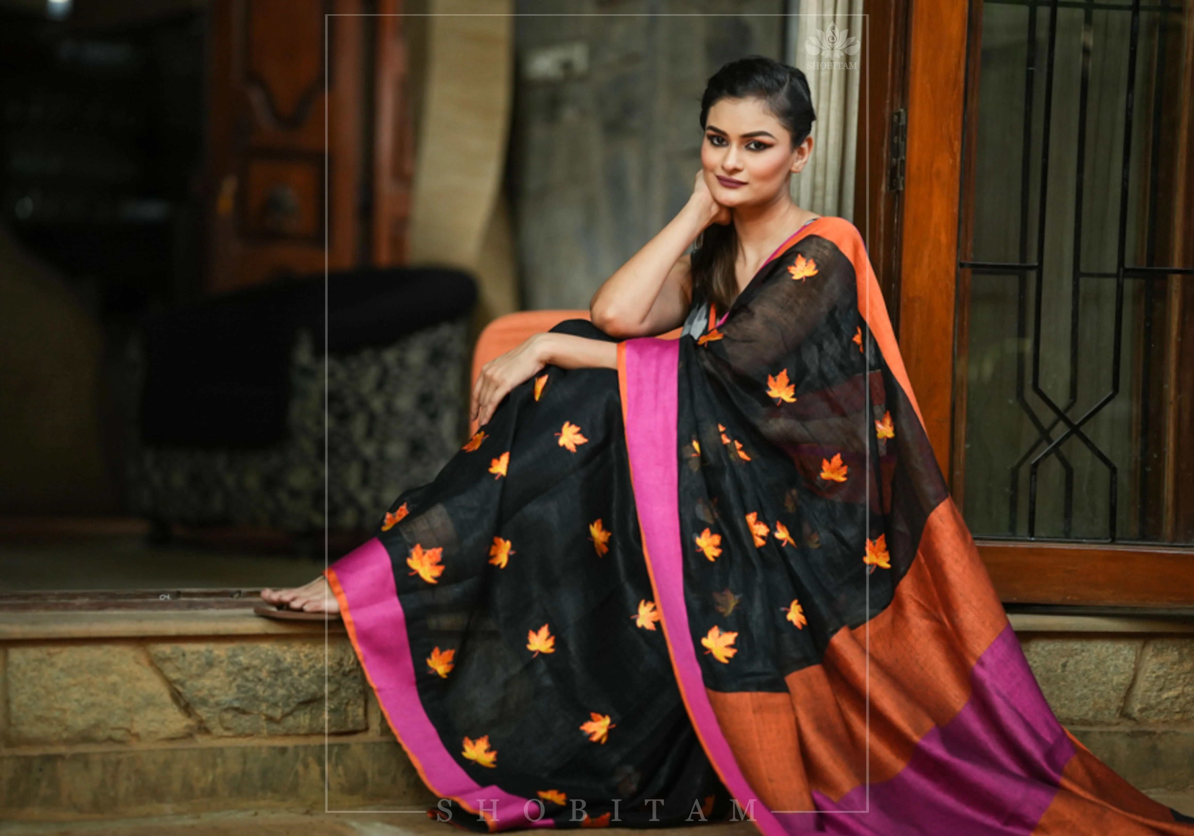 Linen by Linen Saree in Black with Fall Leaves Embroidery and Ganga Jamuna Borders | Shobitam Saree - Image 2