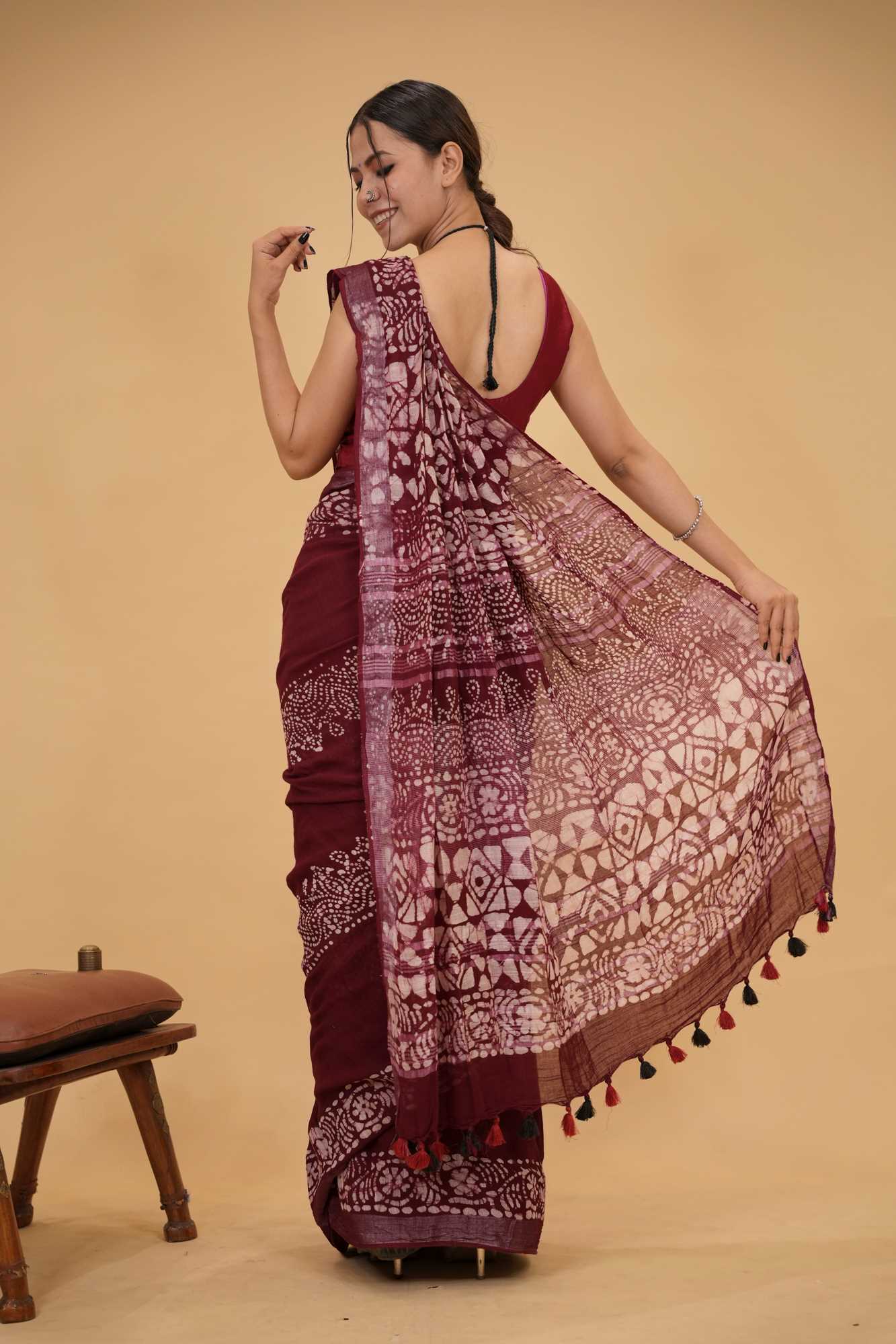 Linen Cotton with Beautiful Jaipuri Print Ready to wear Saree - Image 3