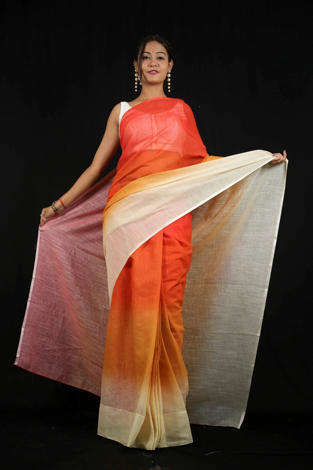 Linen in Fiery Red, Sunset Orange & Soft Yellow Ready To Wear Saree - Image 2