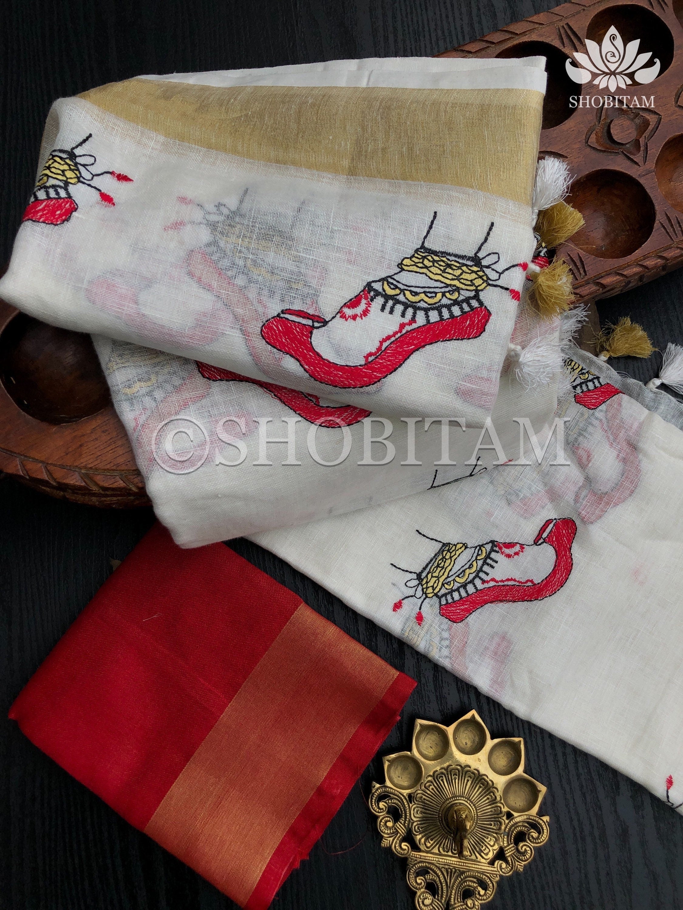 Linen Saree - Dancer’s feet embroidery saree | Organic Linen by Linen  Saree | Shobitam saree - Image 2