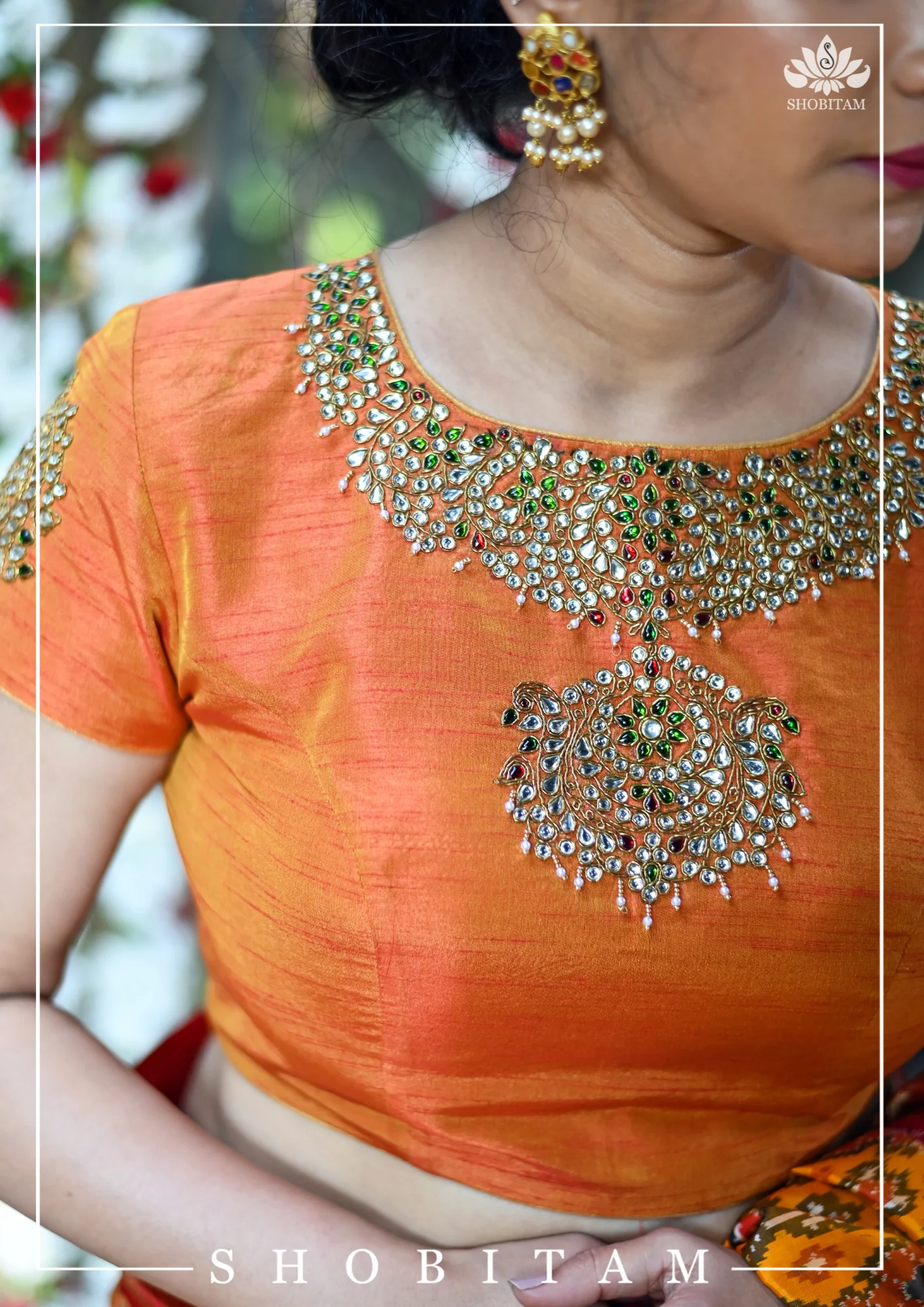 Made to Measure:  Necklace Design Jadau Ornamental  Blouse in Orange Mustard Dual Tone Pure Raw Silk | Shobitam - Image 4
