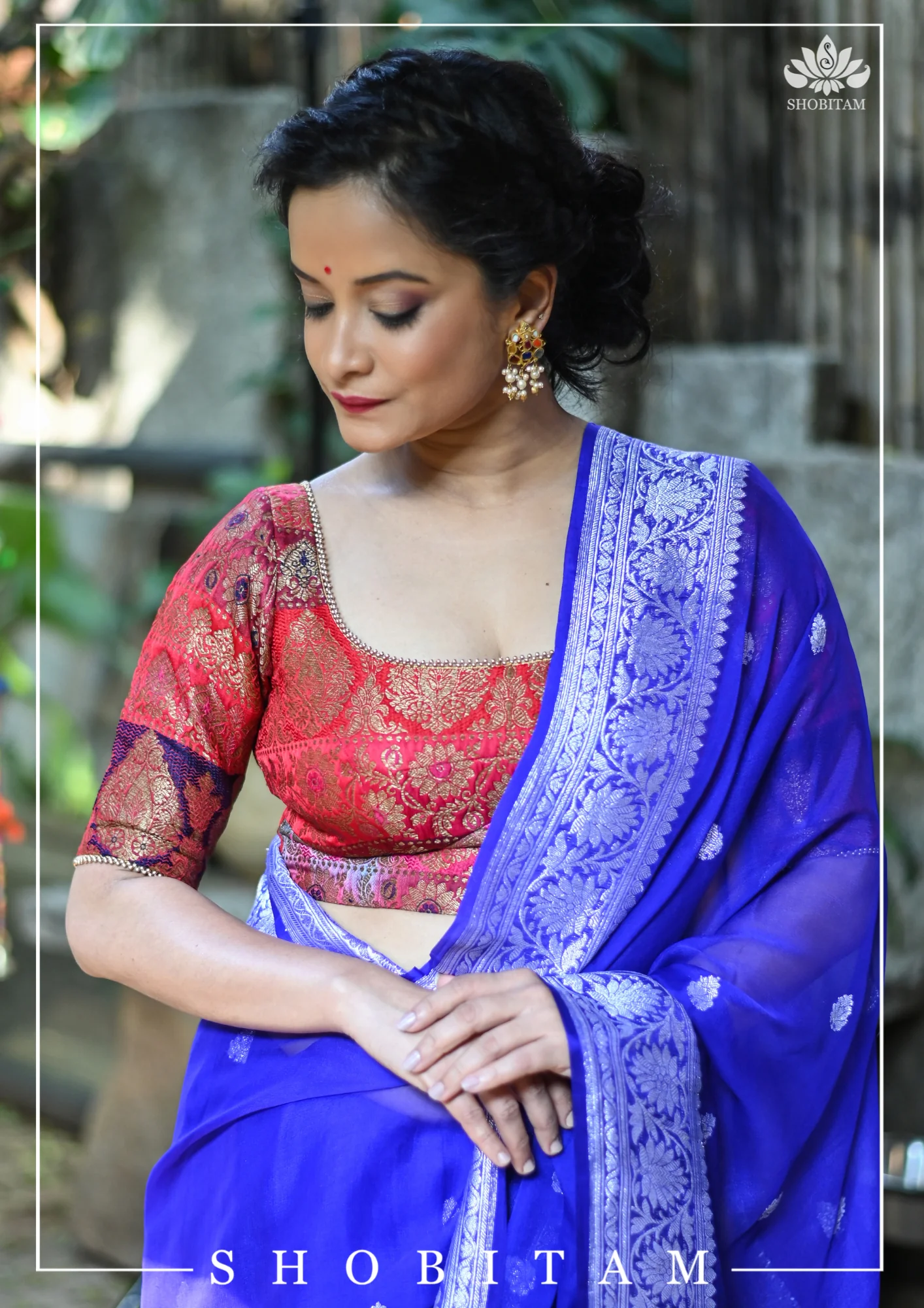 Banarasi Multicolor Panel design  Zari Brocade Blouse with Antique tone zari | Shobitam - Image 10