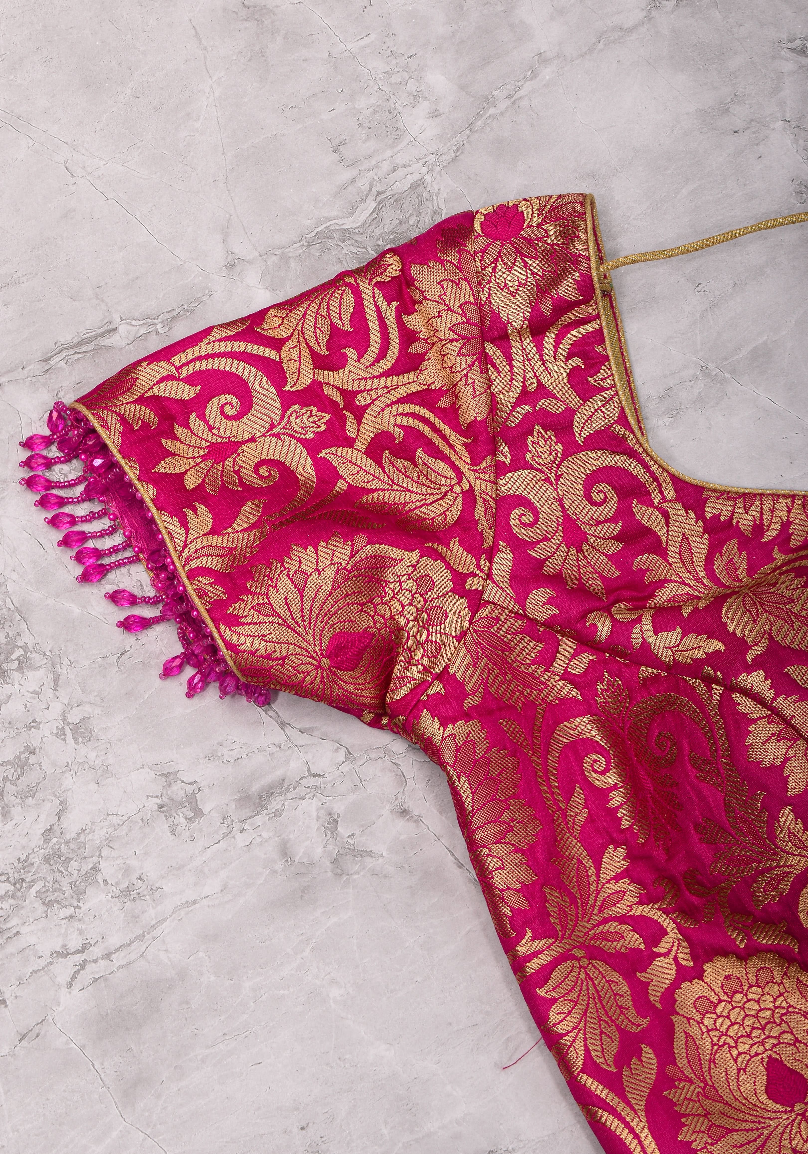 Rani Pink Banarasi Brocade Blouse with Back tie design and dangling beads | Shobitam - Image 15