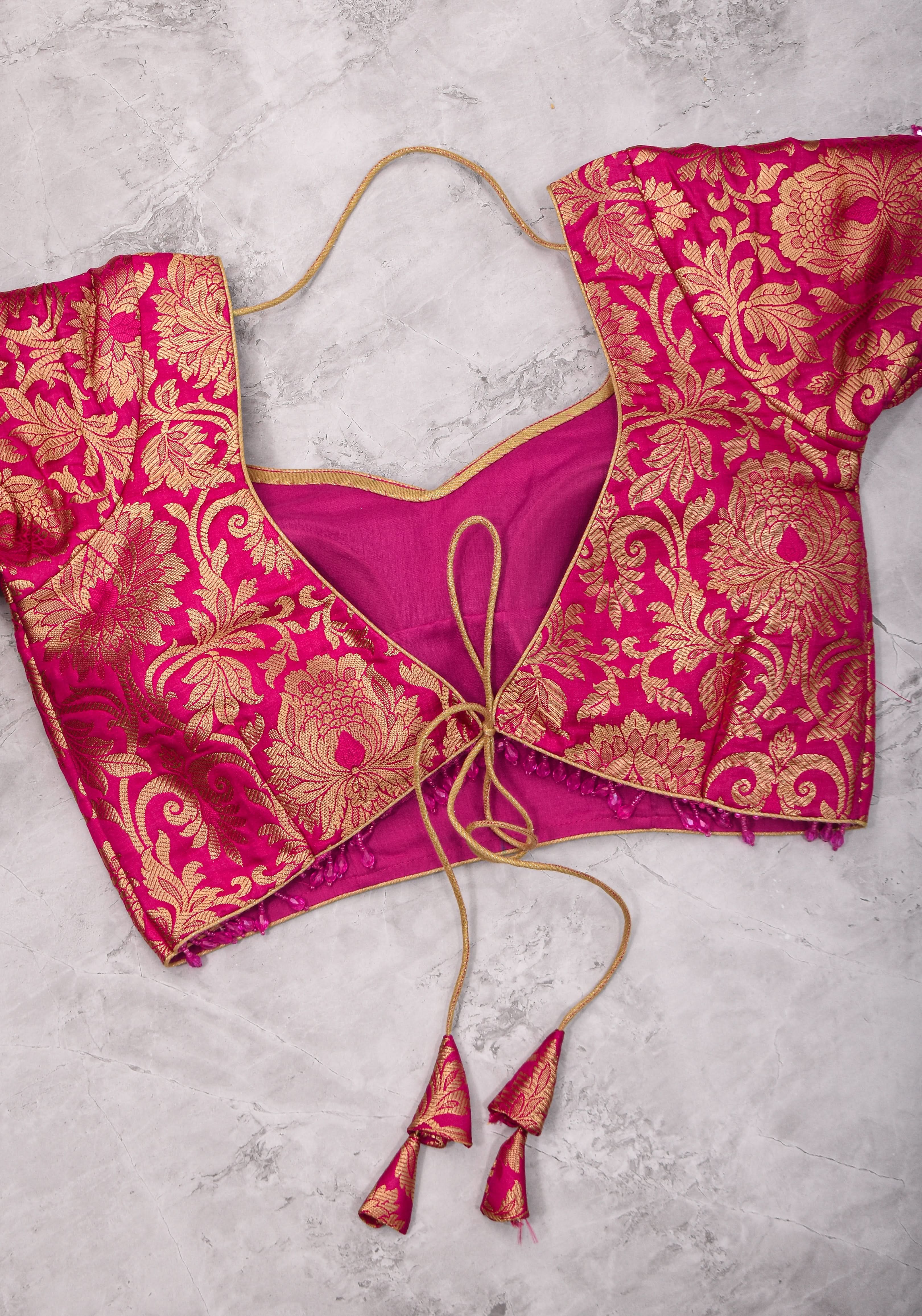 Rani Pink Banarasi Brocade Blouse with Back tie design and dangling beads | Shobitam - Image 16