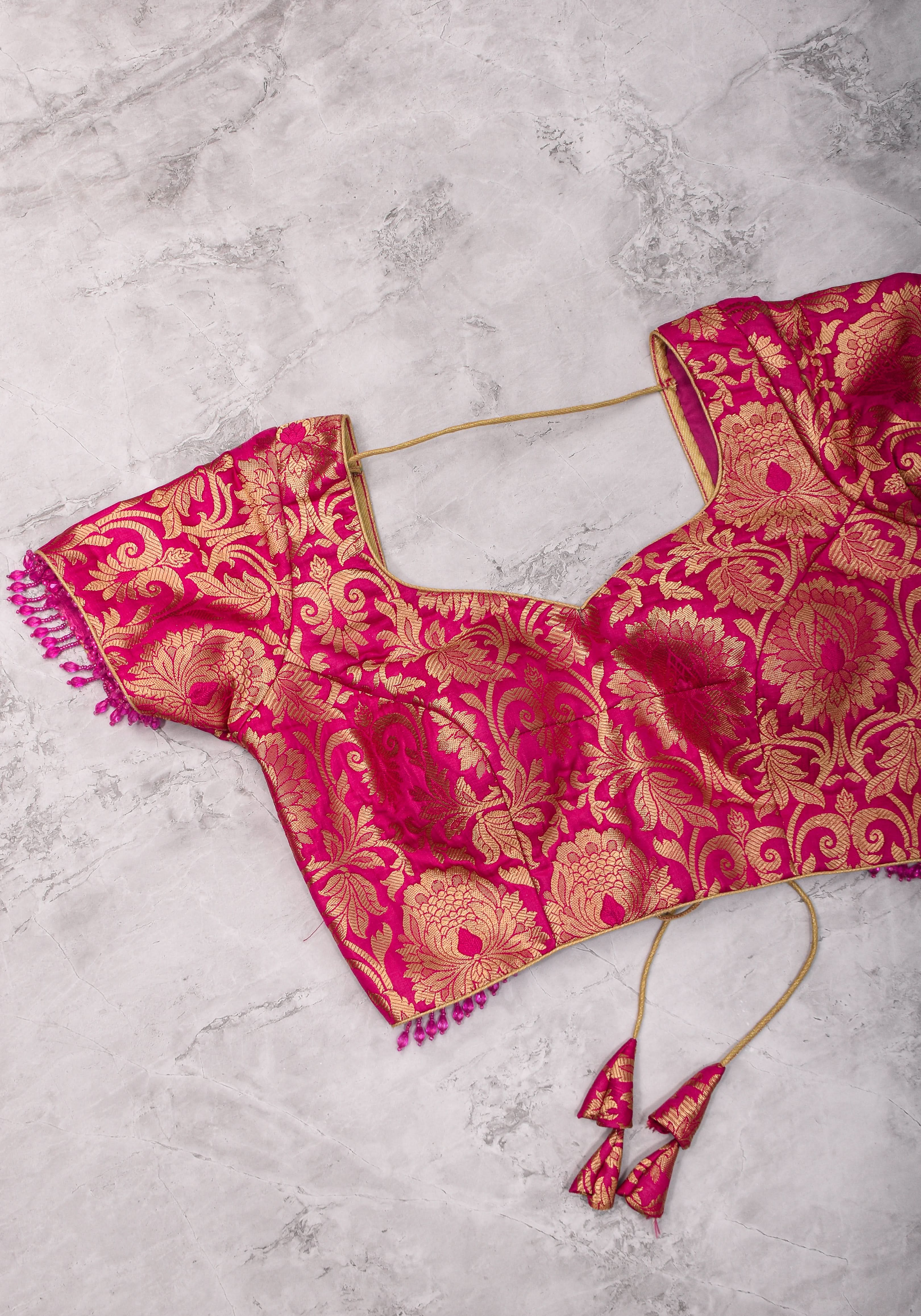 Rani Pink Banarasi Brocade Blouse with Back tie design and dangling beads | Shobitam - Image 19