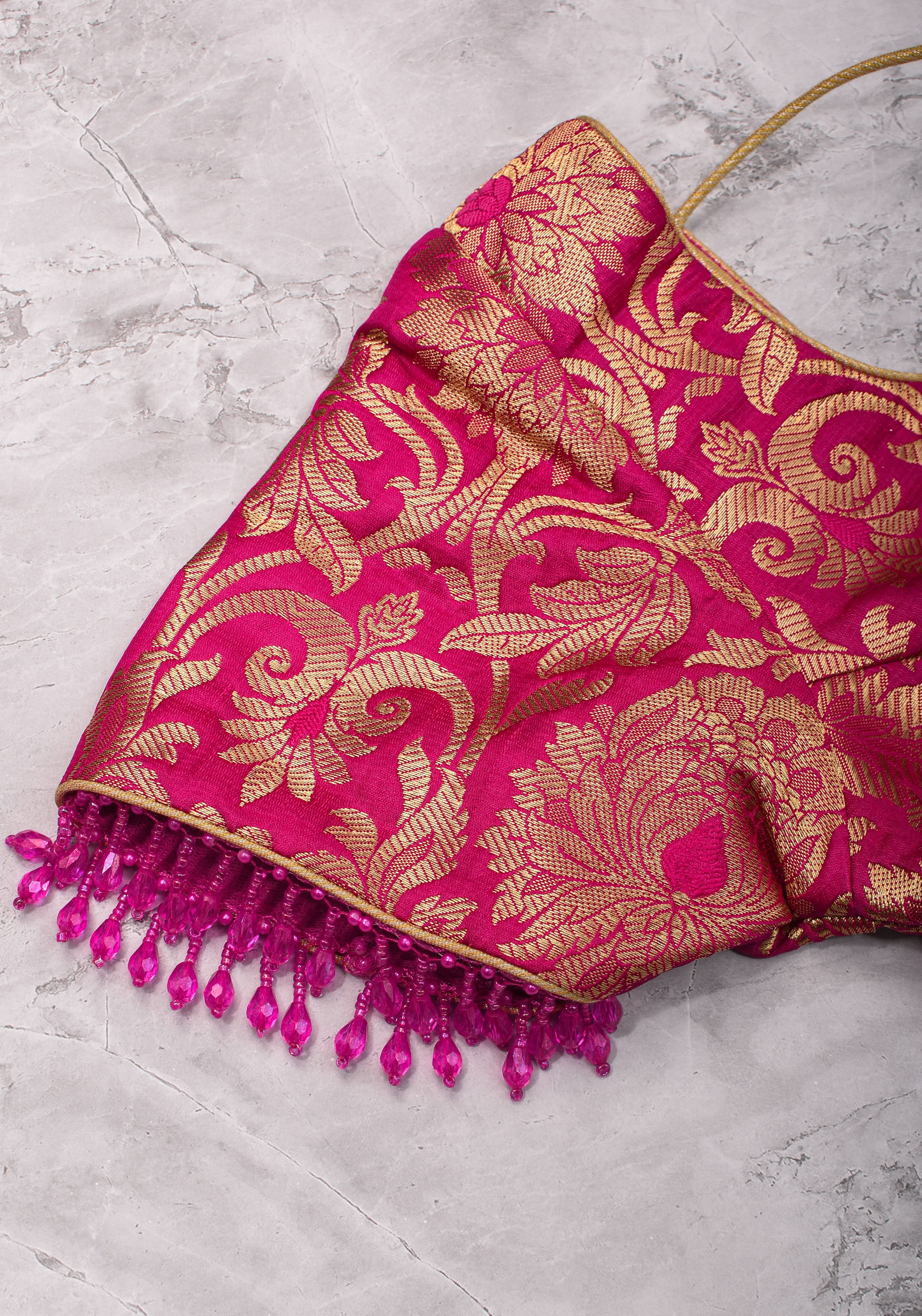 Rani Pink Banarasi Brocade Blouse with Back tie design and dangling beads | Shobitam - Image 20