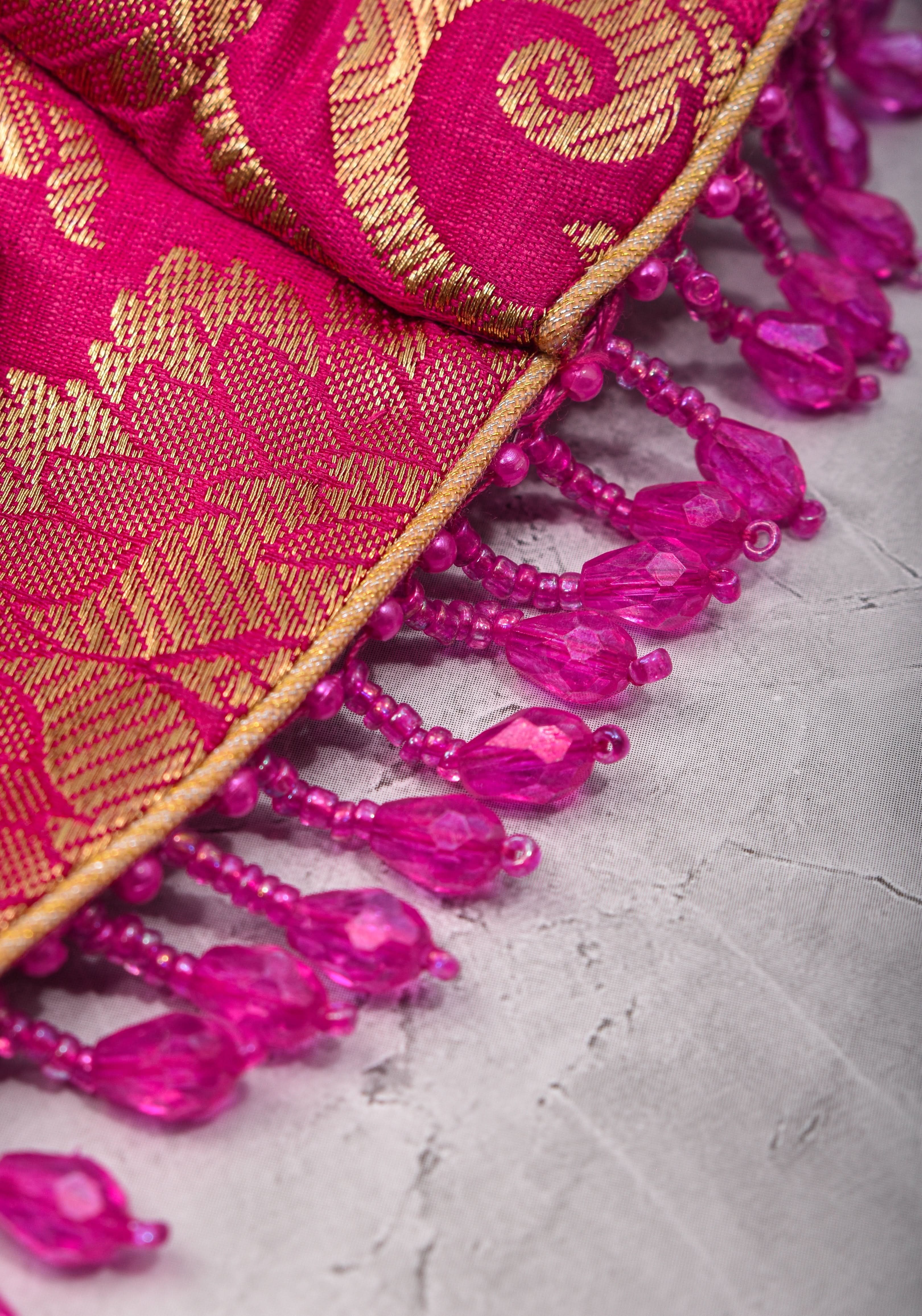 Rani Pink Banarasi Brocade Blouse with Back tie design and dangling beads | Shobitam - Image 22