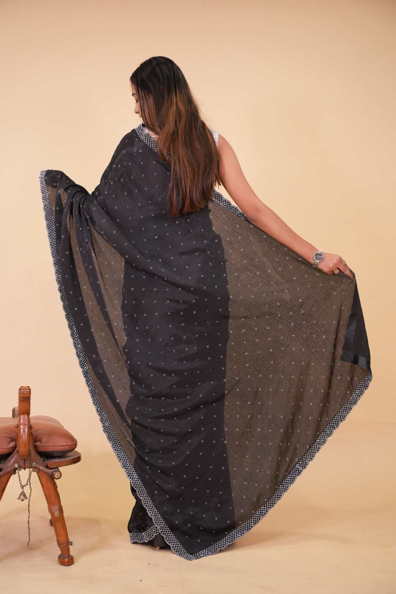Luxurious self-design soft silk embellished with Swarovski Crystal Party Wear Pre-Draped Saree - Image 3