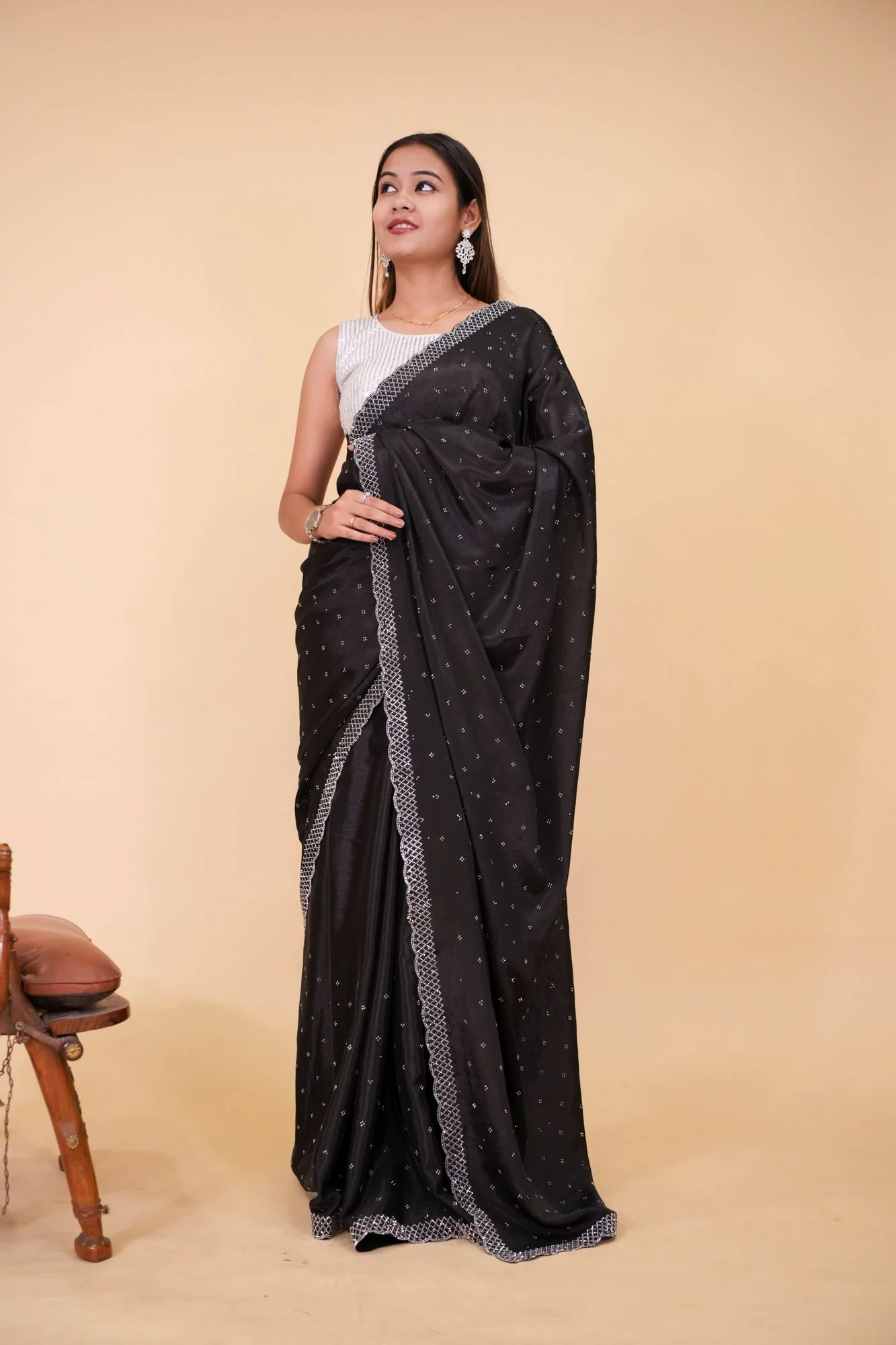 Luxurious self-design soft silk embellished with Swarovski Crystal Party Wear Pre-Draped Saree - Image 4