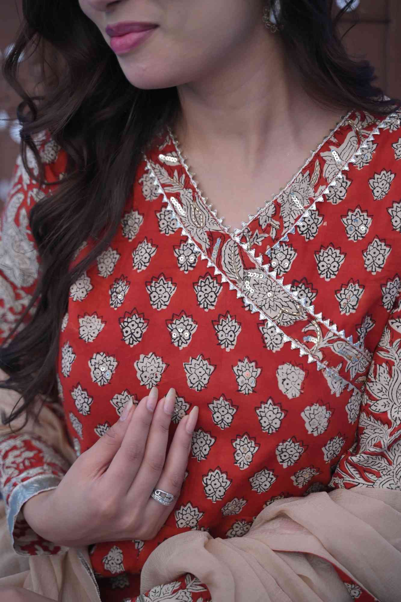 Maati Bagru Block Print Brick Red 6.5 m Flare Anarkali 3 Piece Set | Made To Order - Image 7
