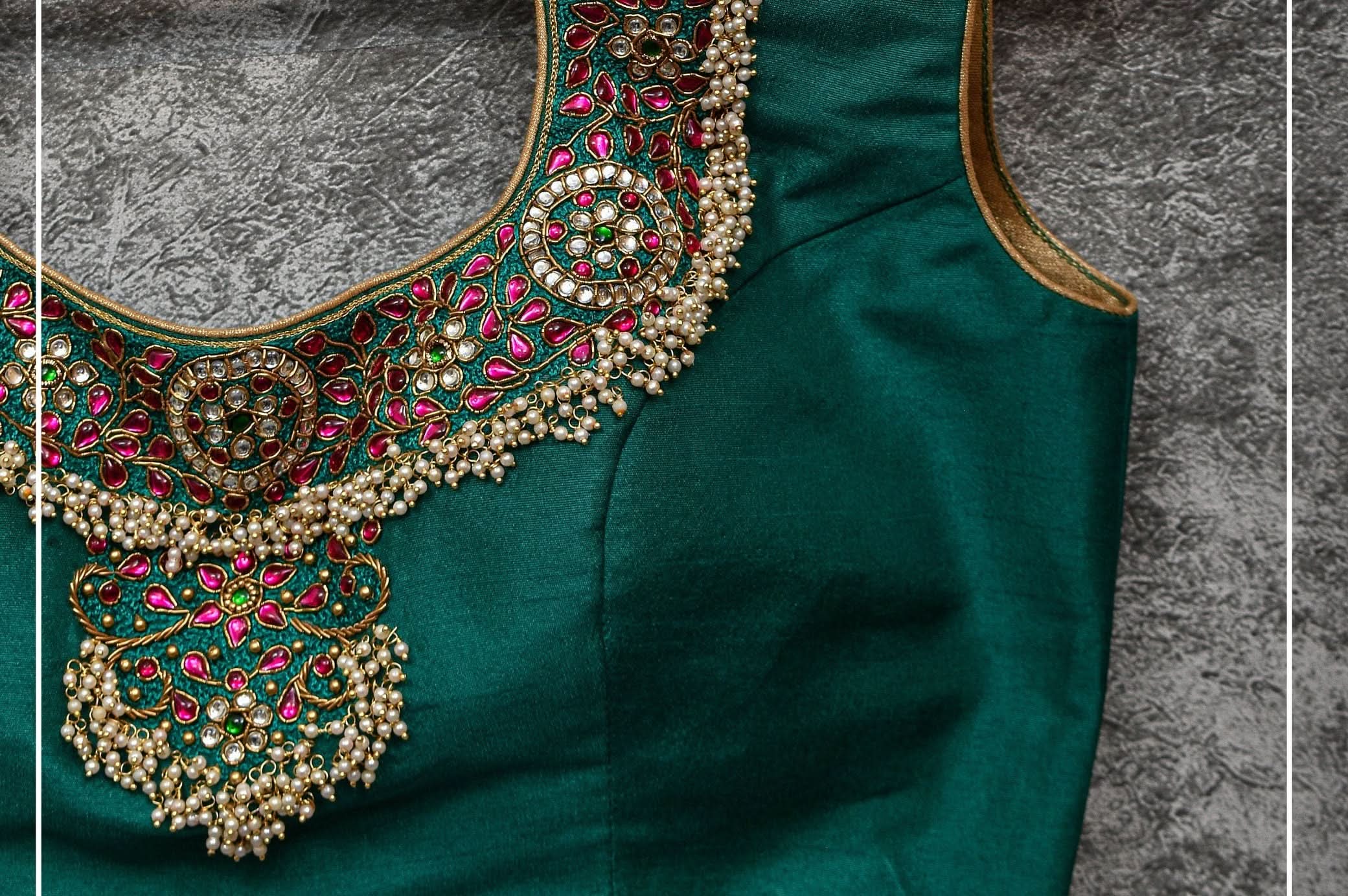 Made to Order:  Necklace Design Jadau Ornamental Sleeveless Blouse in Green Raw SIlk | Shobitam Blouse - Image 2