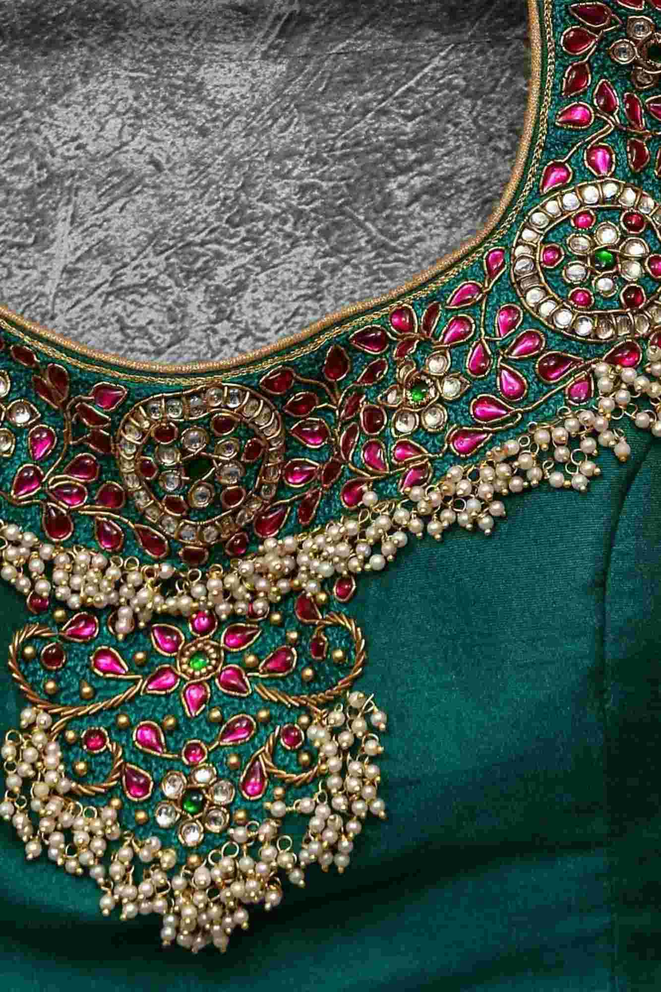 Made to Order:  Necklace Design Jadau Ornamental Sleeveless Blouse in Green Raw SIlk | Shobitam Blouse - Image 11