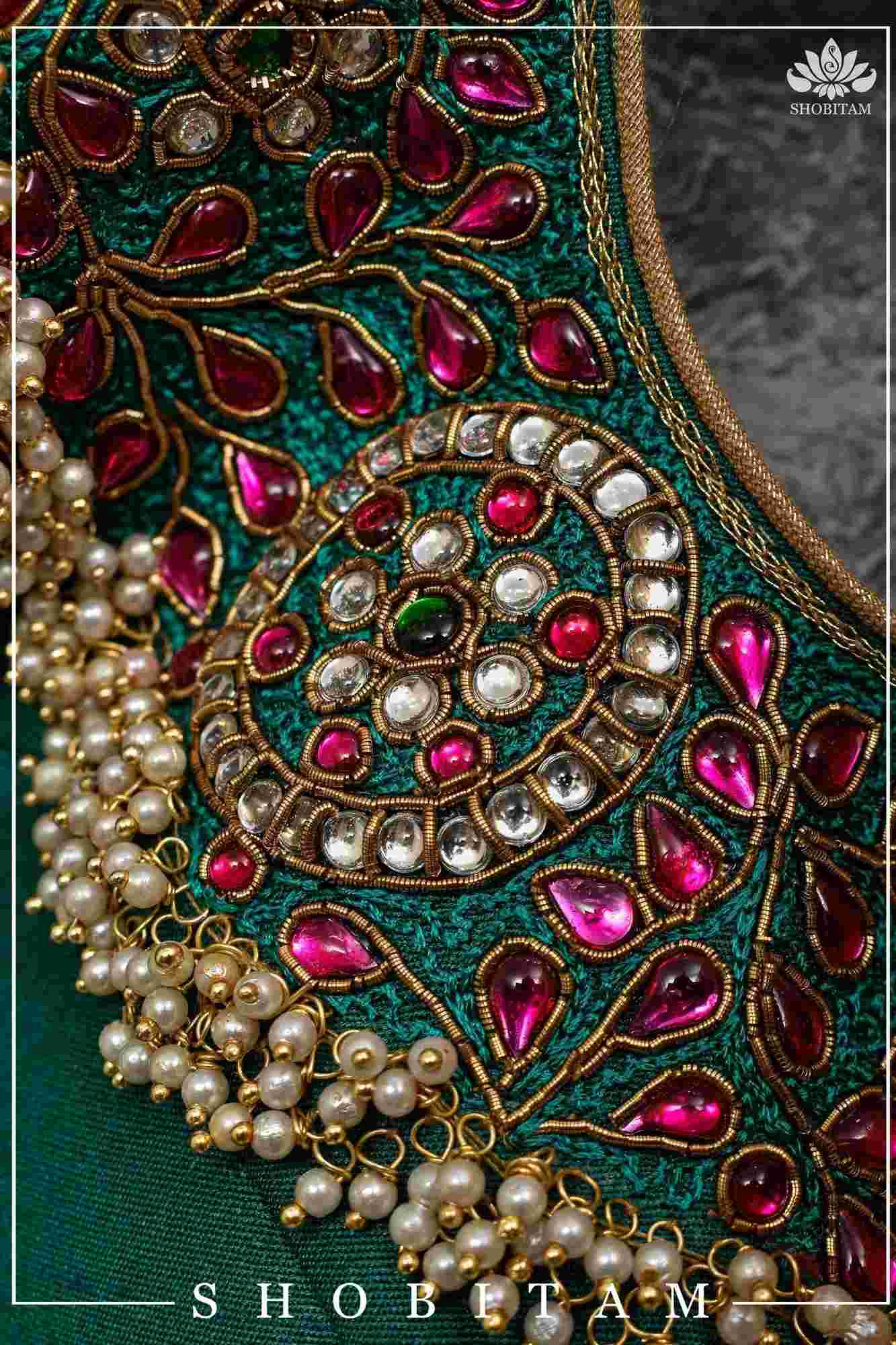 Made to Order:  Necklace Design Jadau Ornamental Sleeveless Blouse in Green Raw SIlk | Shobitam Blouse - Image 4