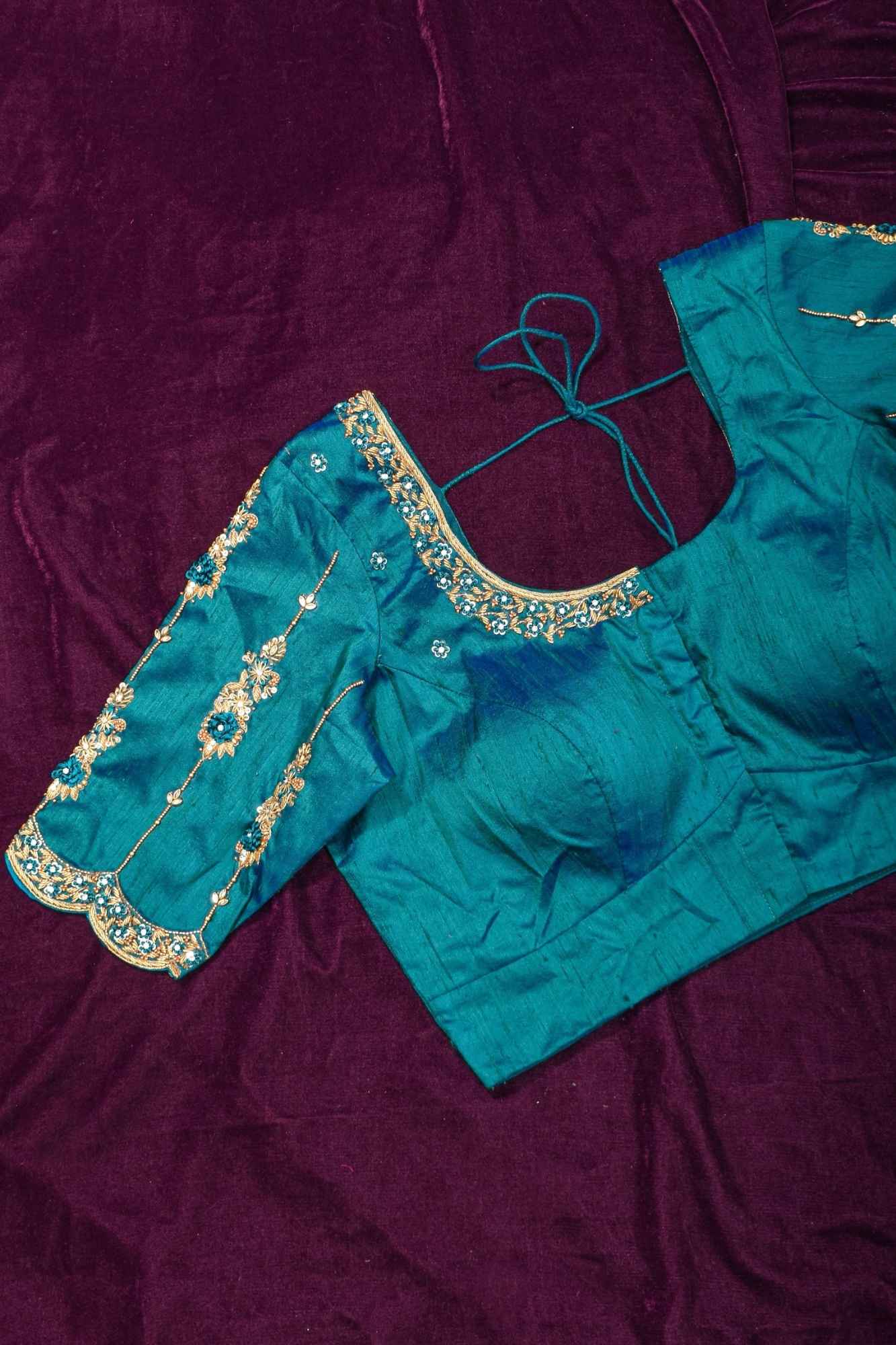 Made to Order: Peacock Blue Pure Raw Silk Blouse with Zardozi and Bead detailing - Image 16