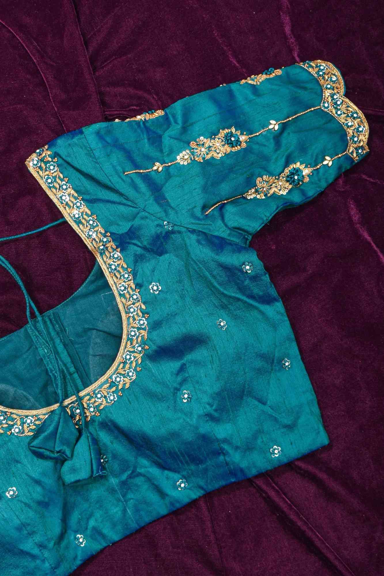 Made to Order: Peacock Blue Pure Raw Silk Blouse with Zardozi and Bead detailing - Image 19