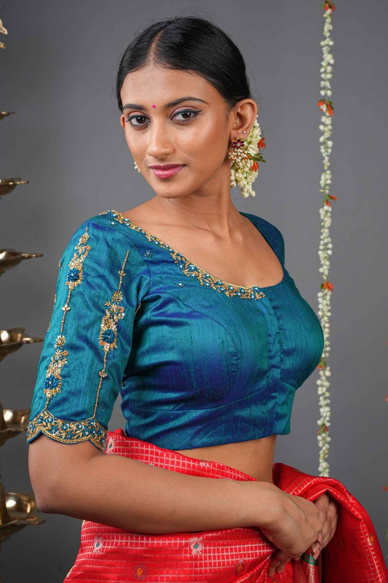 Made to Order: Peacock Blue Pure Raw Silk Blouse with Zardozi and Bead detailing - Image 2