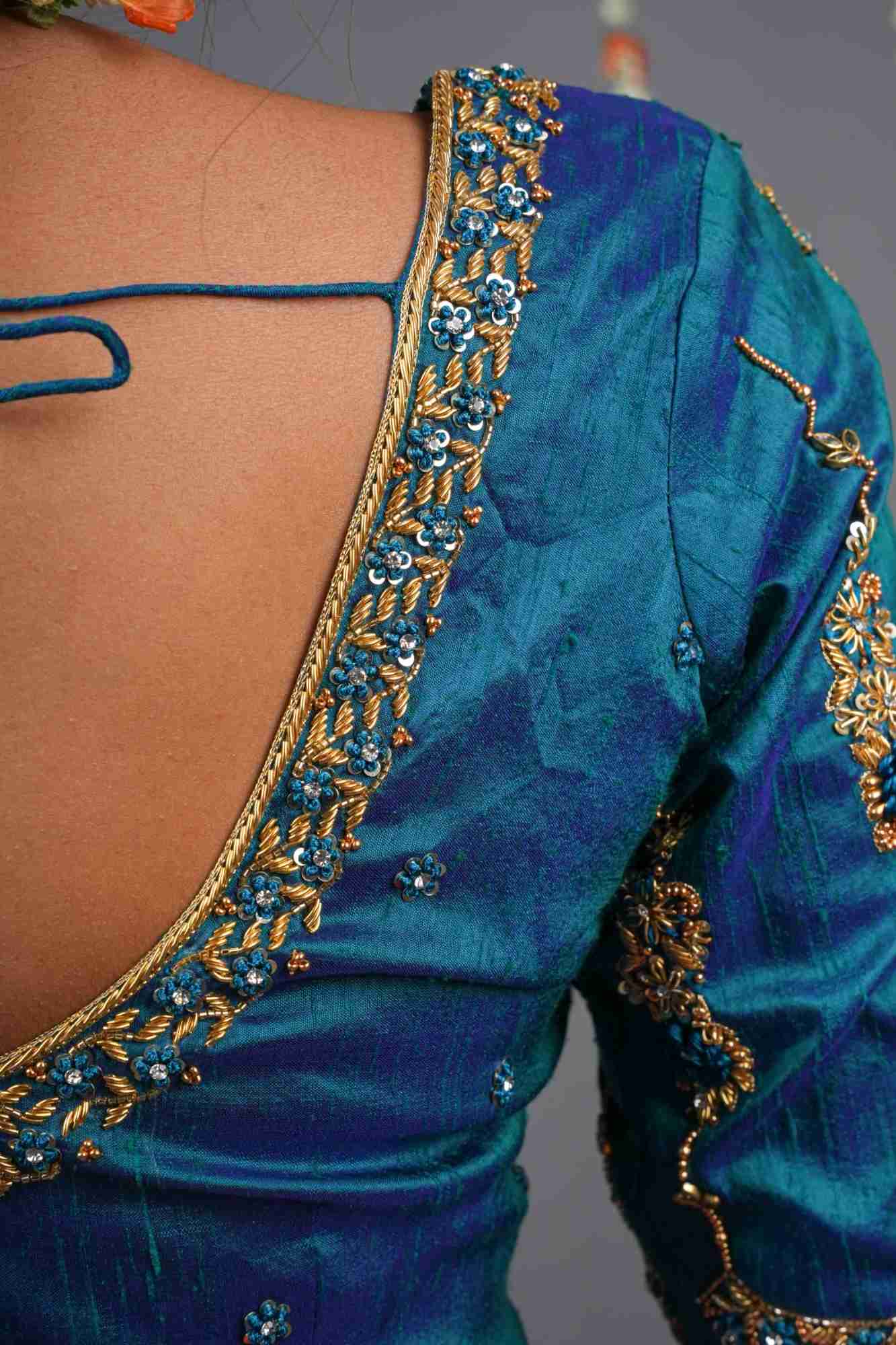 Made to Order: Peacock Blue Pure Raw Silk Blouse with Zardozi and Bead detailing - Image 8
