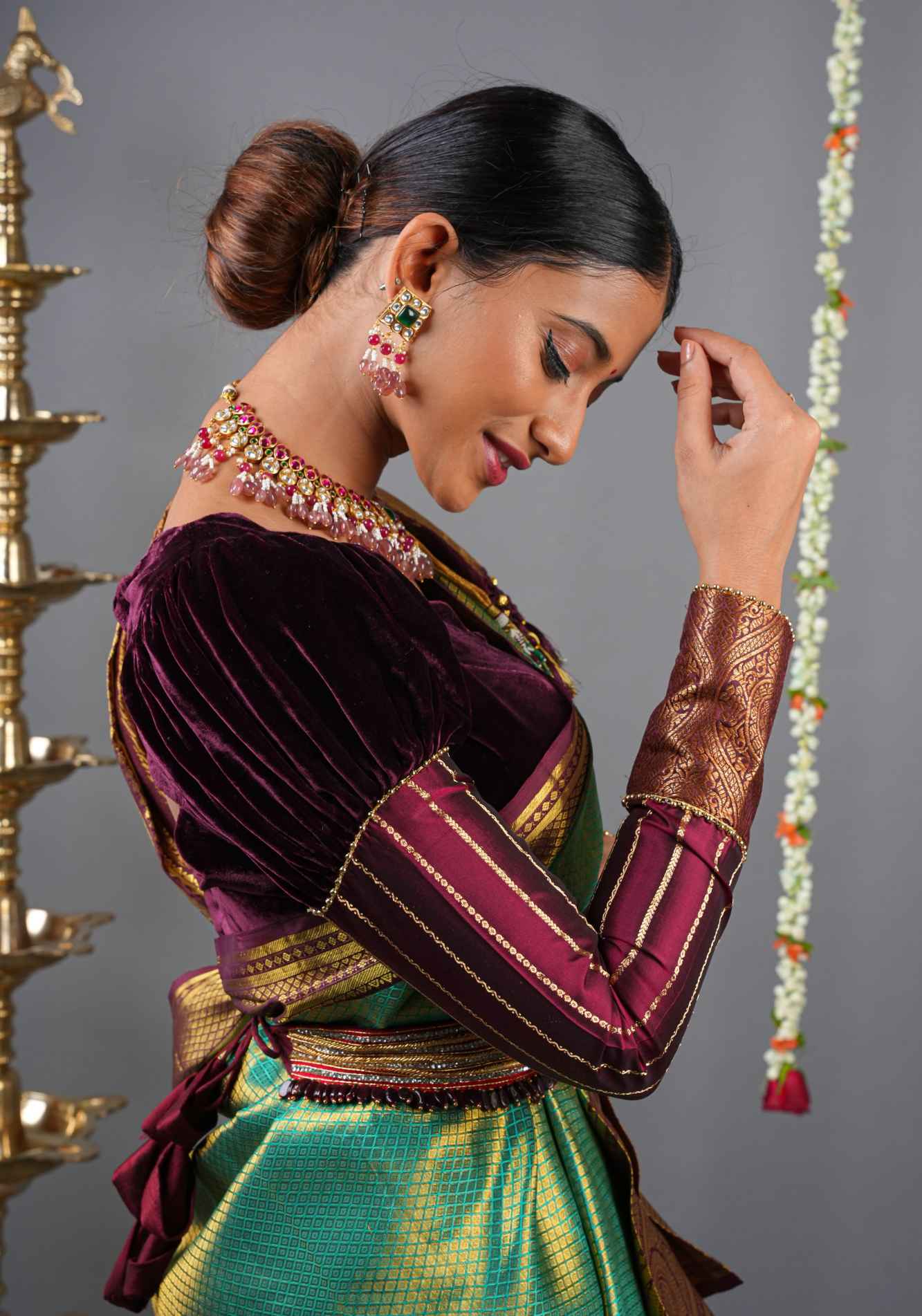 Made To Order: Pure Silk Velvet Scallop neck blouse with pure silk sleevs puff detailing - Image 2