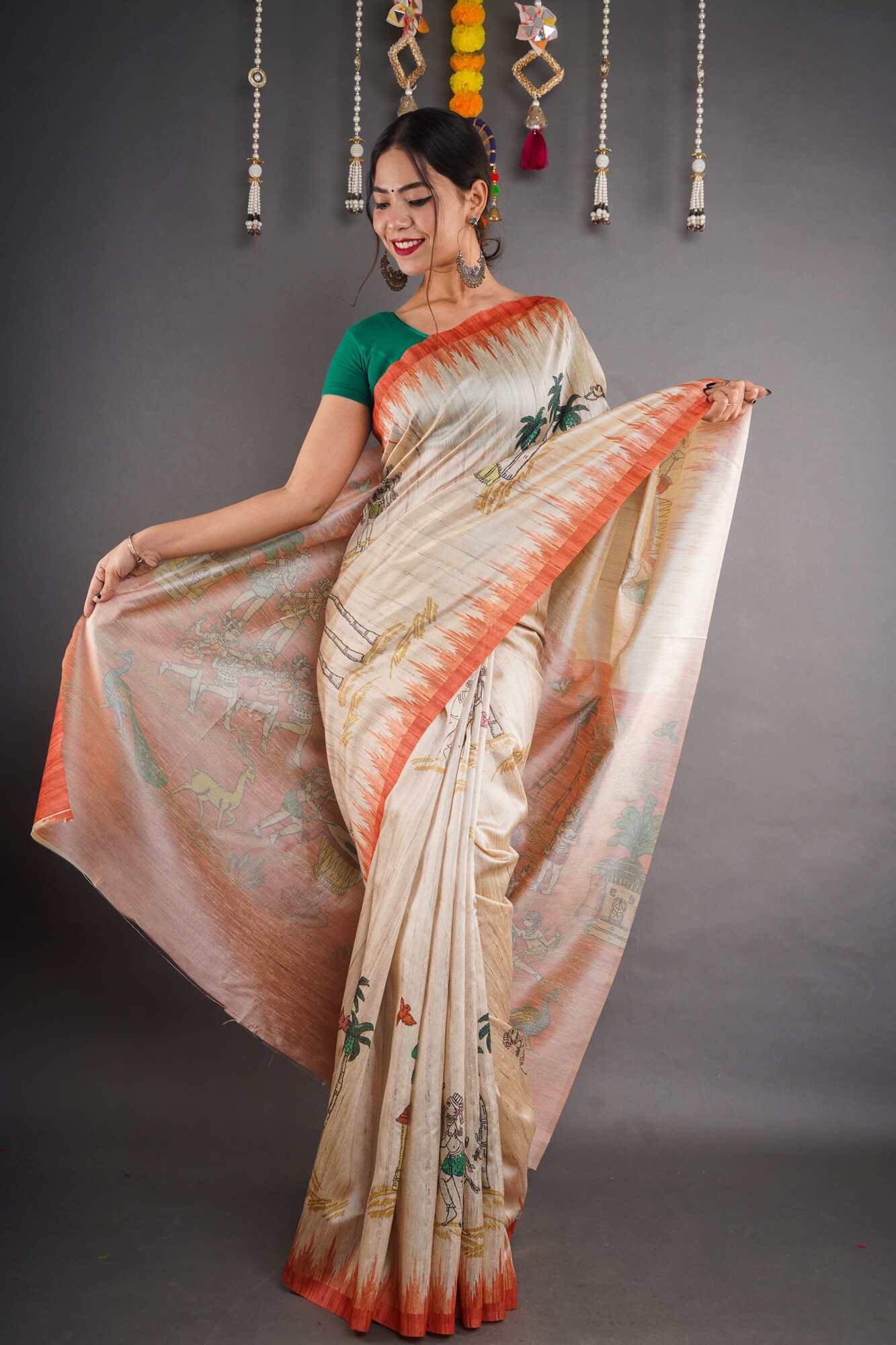 Madhubani Printed Art Tussar Silk Bhagalpuri Wrap in 1 minute saree - Image 3