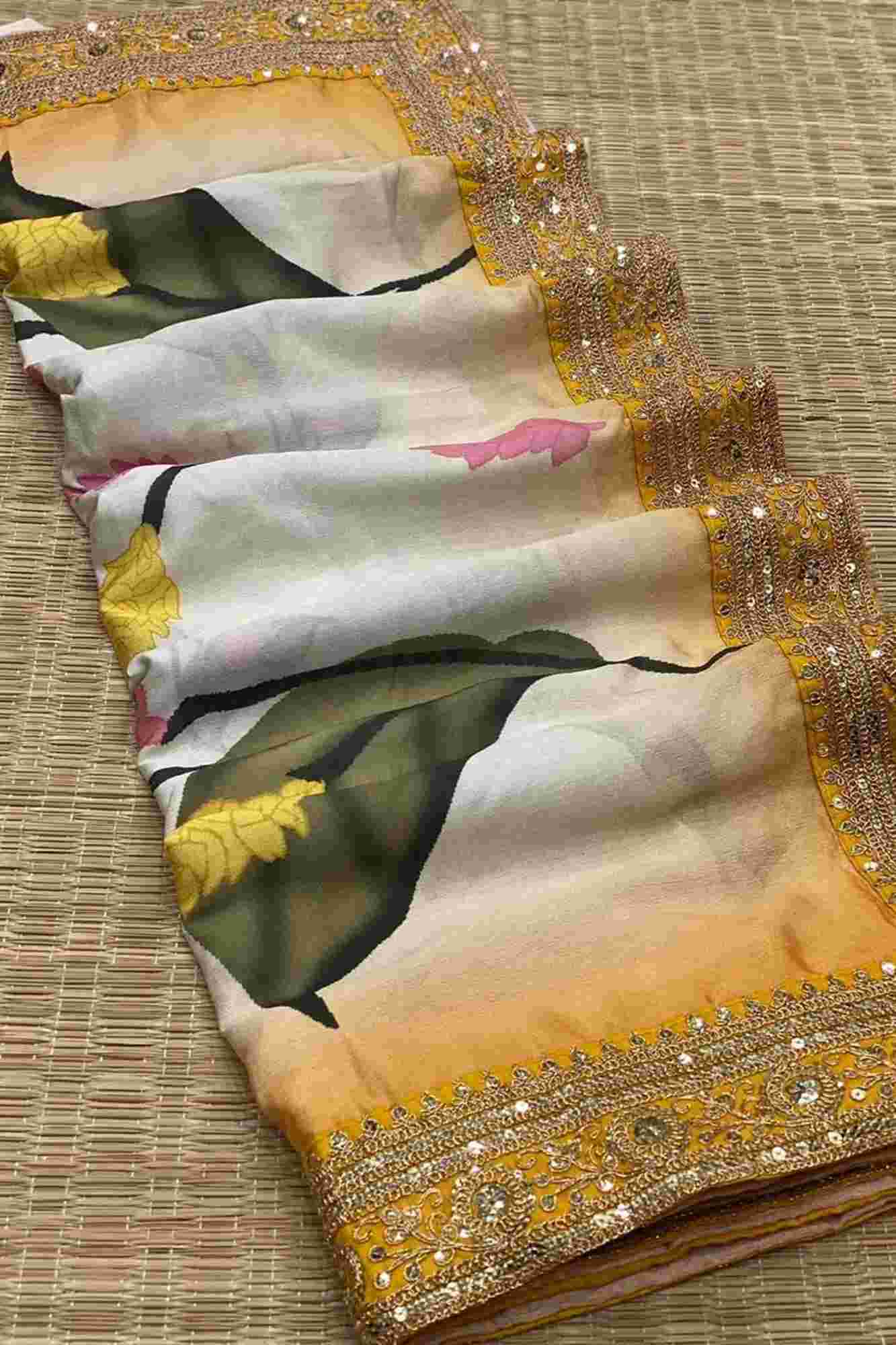 Madhuri Dixit inspired Beautiful Soft Chinnon with Floral Print & Coding Embroidery work Lace Border Wrap in 1 Minute Saree - Image 13