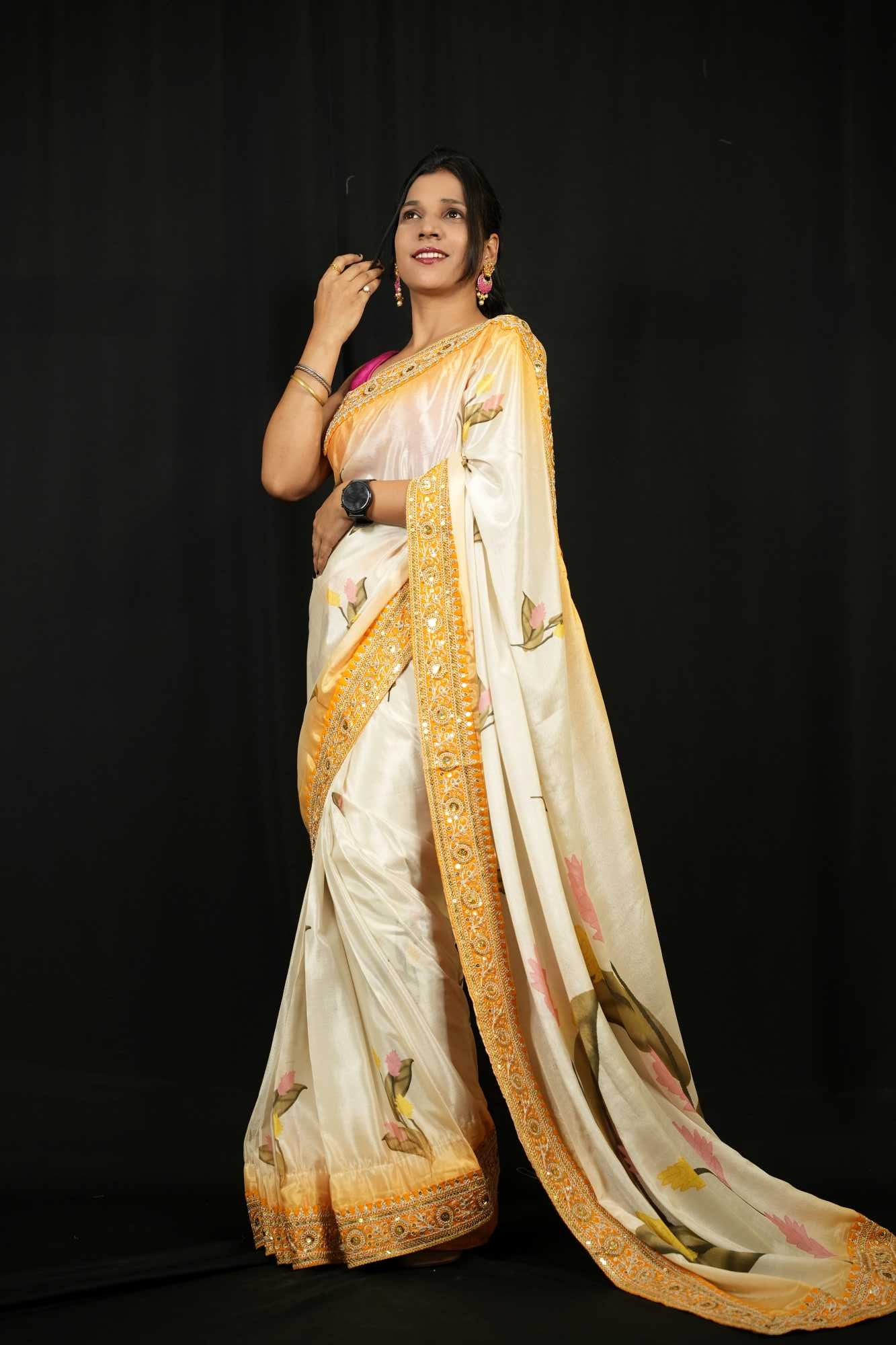 Madhuri Dixit inspired Beautiful Soft Chinnon with Floral Print & Coding Embroidery work Lace Border Wrap in 1 Minute Saree - Image 7