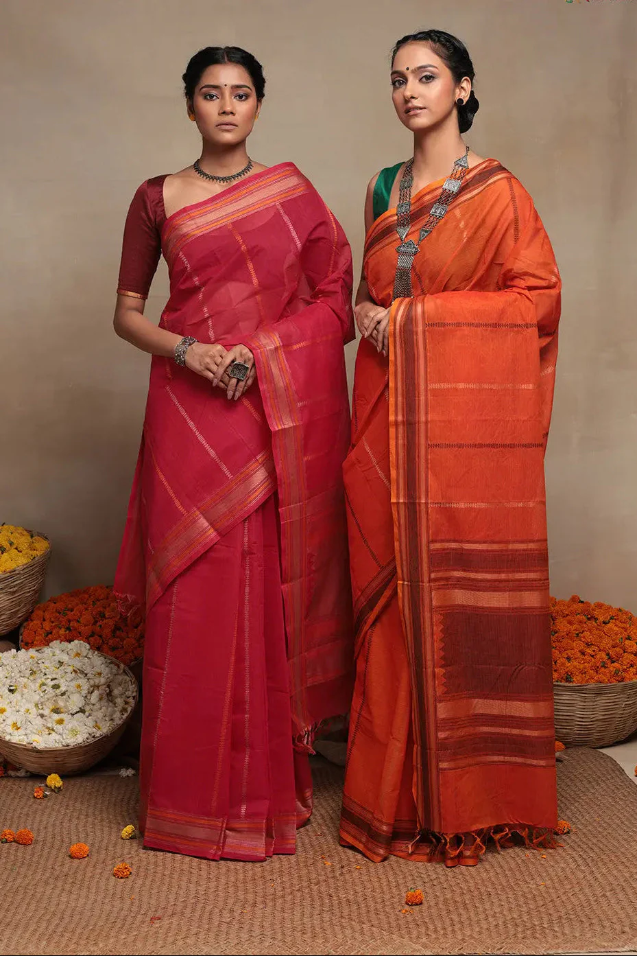 Magenta Handloom Kanchi Cotton Saree With Stripes | Shobitam - Image 6