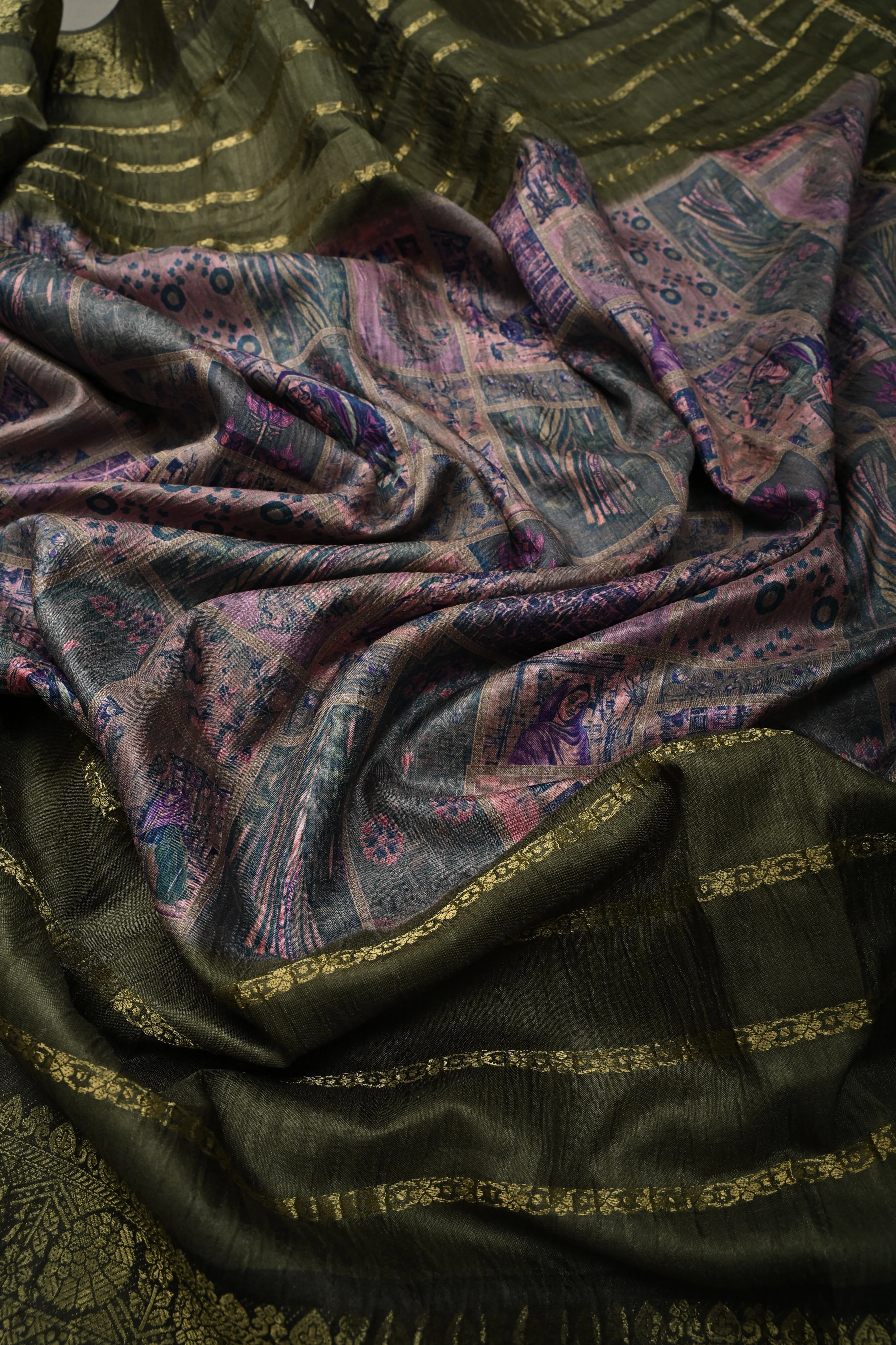 Multicolor Semi Silk Saree with Digital Print and Contrast Stripes Borders | Shobitam - Image 6