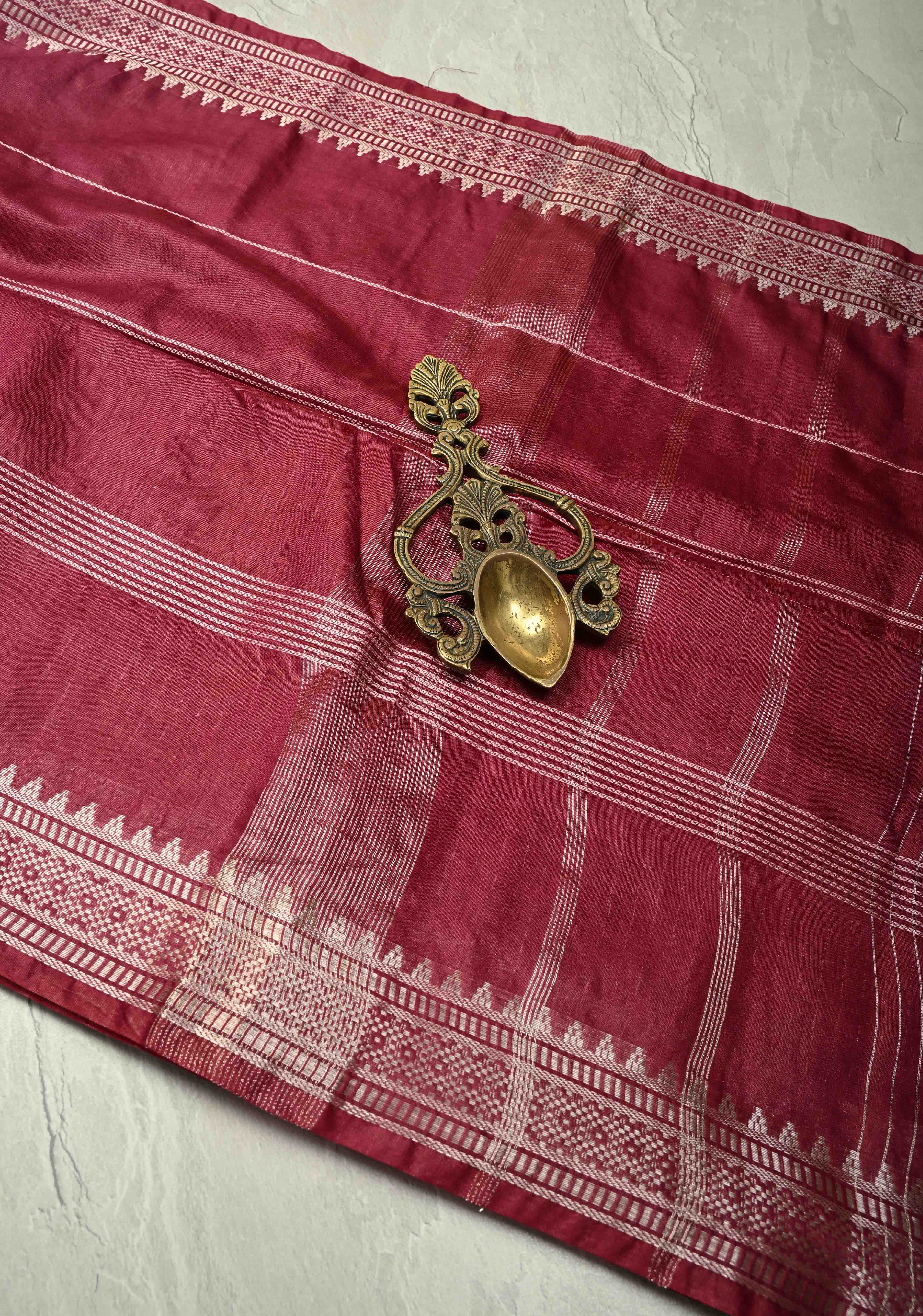 Magenta Semi Tussar Saree with Thread Stripes and Temple Zari Border | Shobitam - Image 2