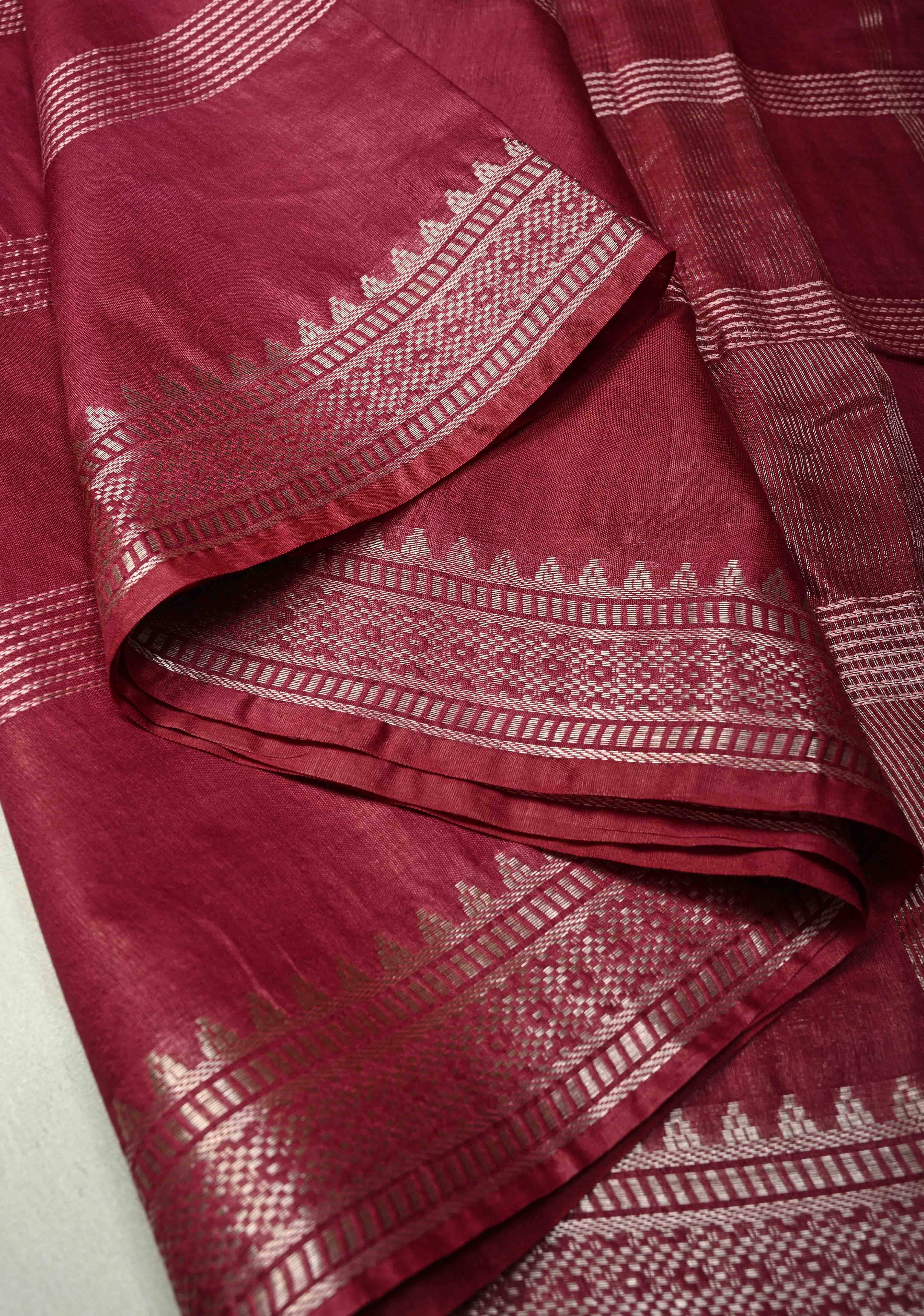 Magenta Semi Tussar Saree with Thread Stripes and Temple Zari Border | Shobitam - Image 4