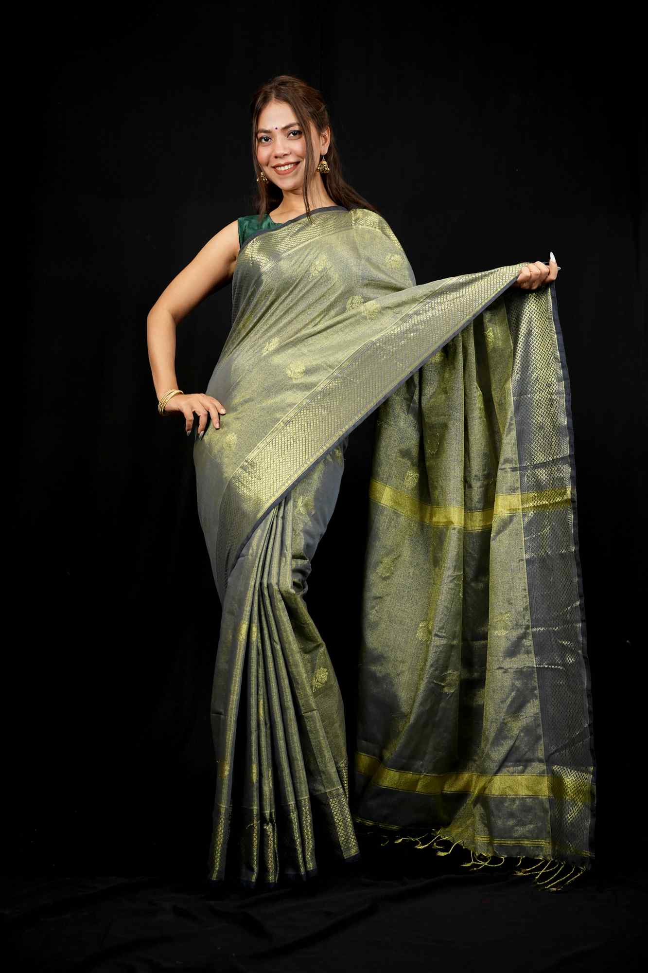 Oreeya Cotton Silk All Over Zari weave Ready To Wear Saree - Image 2