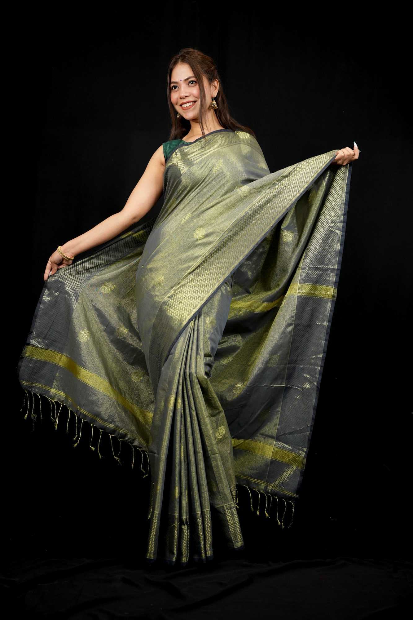 Oreeya Cotton Silk All Over Zari weave Ready To Wear Saree - Image 3