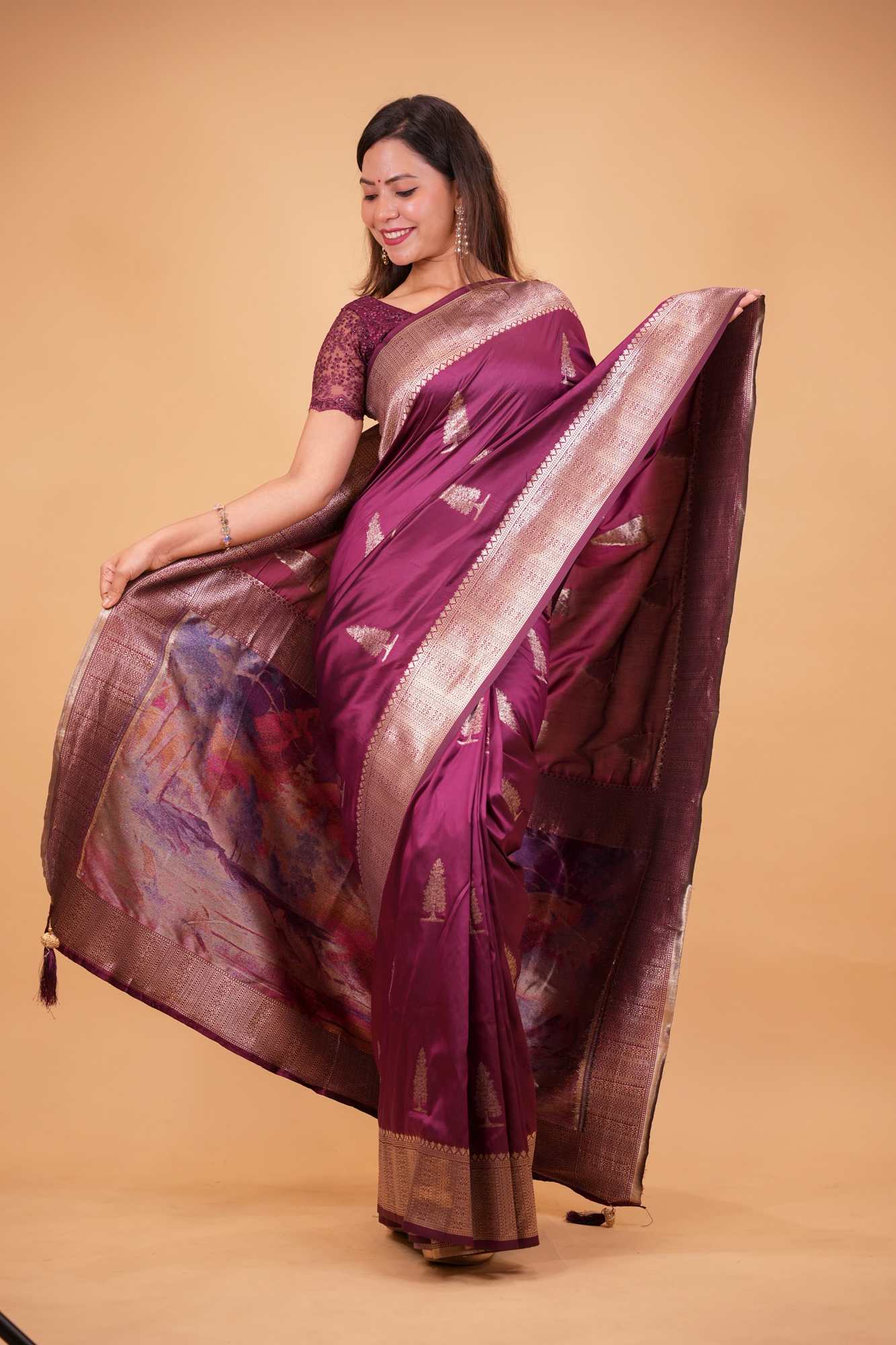 Majestic Wine Silk with Zari Weave and Artistic Pallu Ready To Wear Saree - Image 5