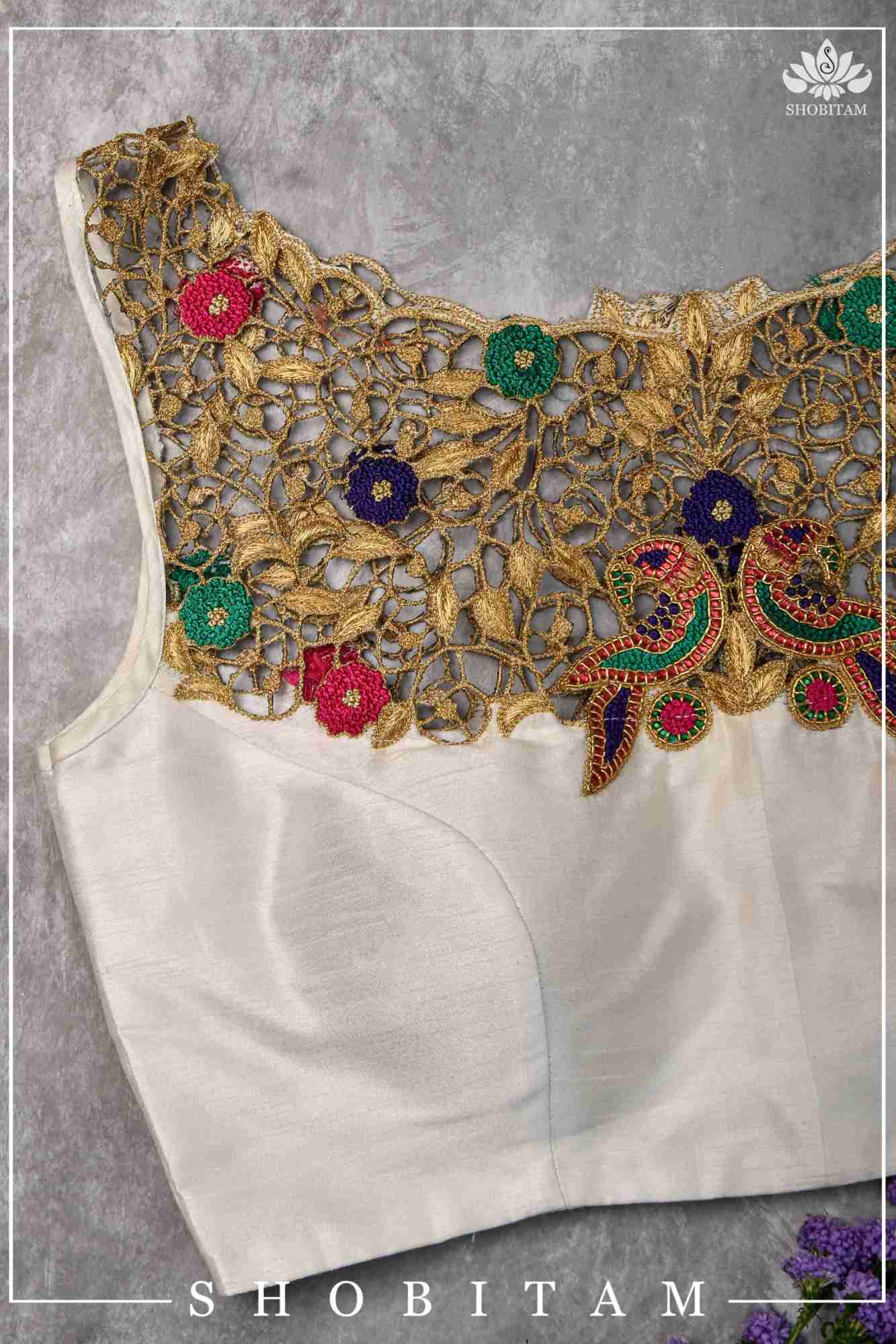 Make your own size: Hand Cutwork Yoke raw Silk Blouse with meenakari resham |Shobitam Blouse - Image 9