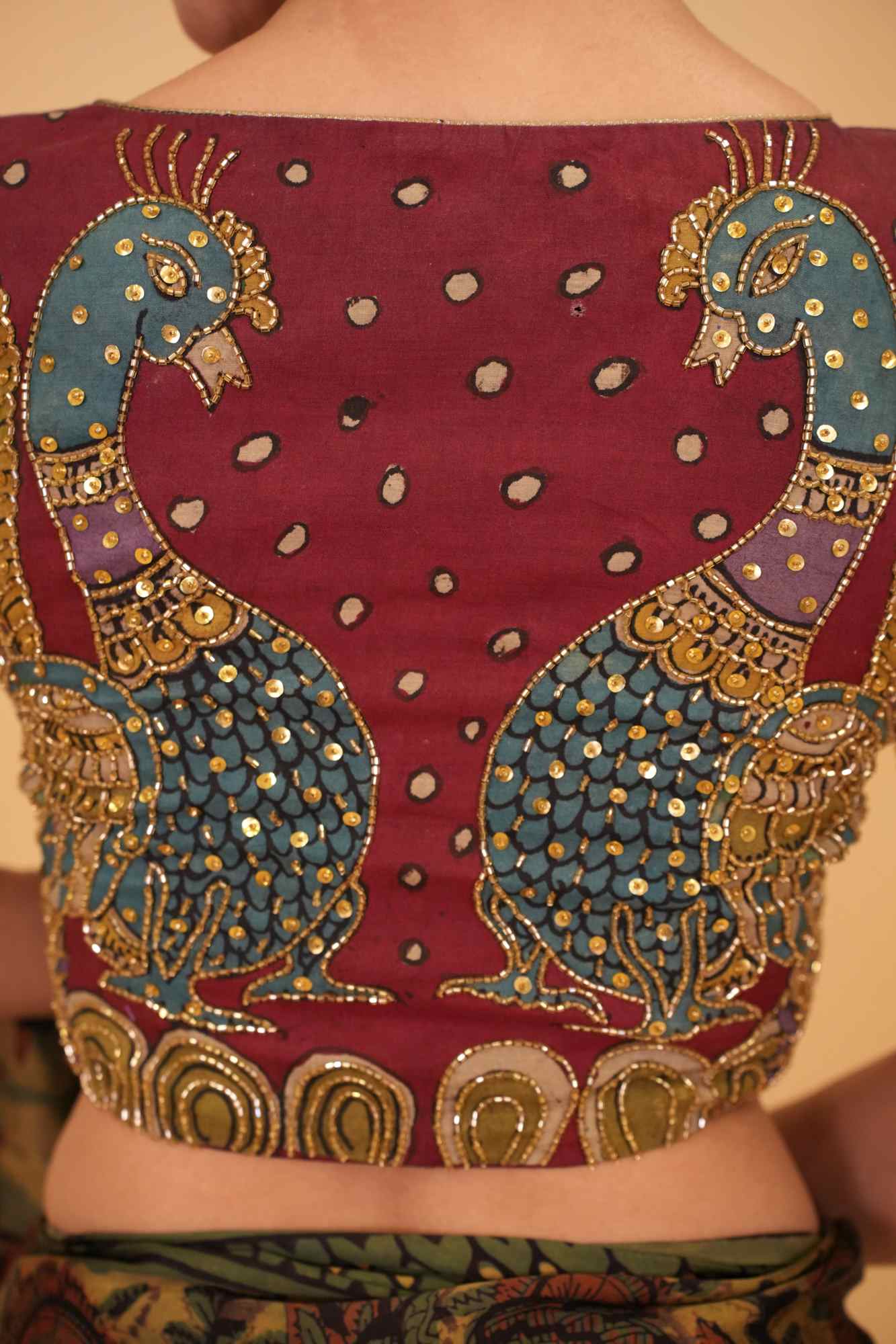 Maroon and Black Handcrafted Kalamkari Embroidery Blouse with Cutdana Work Detailings - Image 5
