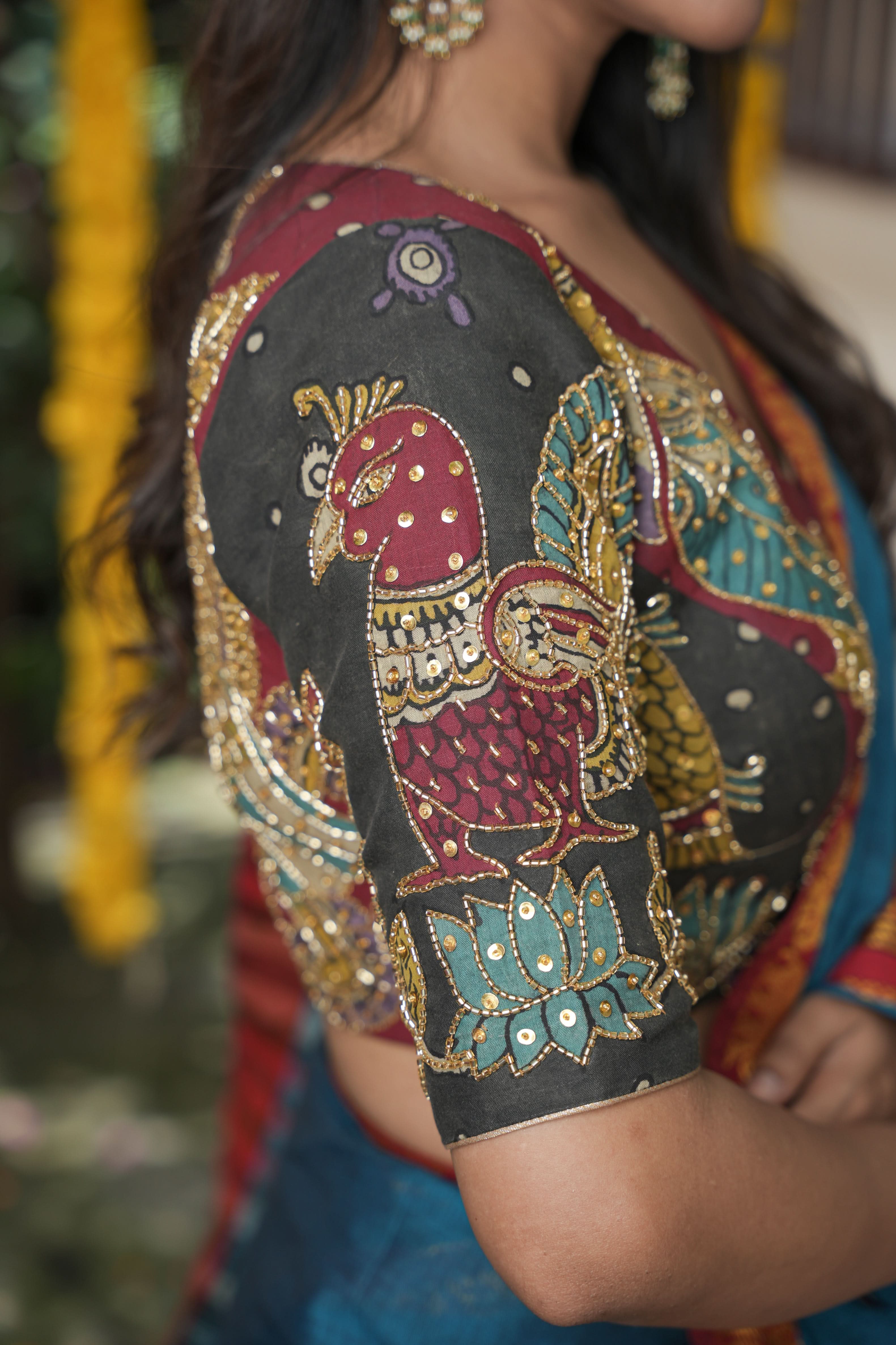 Maroon and Black Kalamkari Embroidery Blouse with Cutdana Work Detailings | Shobitam - Image 4