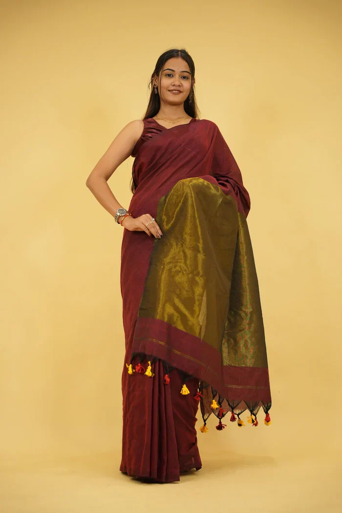 Maroon and Olive Khadi Cotton with Subtle Zari Sheen and Tassel Ready to Wear Saree - Image 6