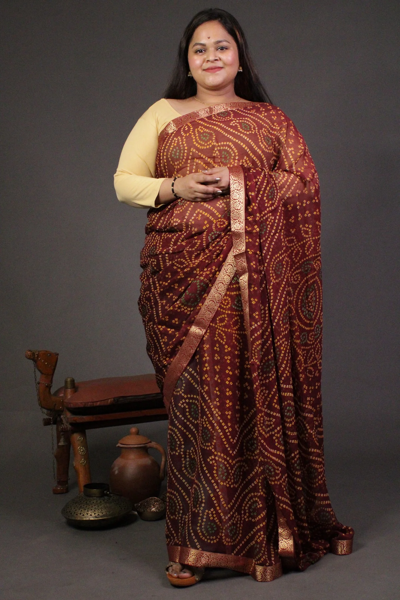 Maroon Bandhani Printed Chiffon  with beautiful Zari border Wrap in 1 minute saree - Image 4